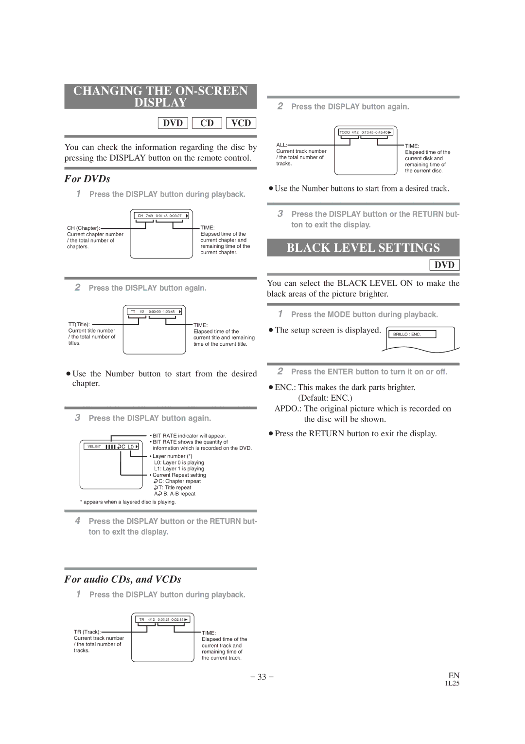 Audiovox AXWD2002 owner manual Changing the ON-SCREEN Display, Black Level Settings, ¡The setup screen is displayed 