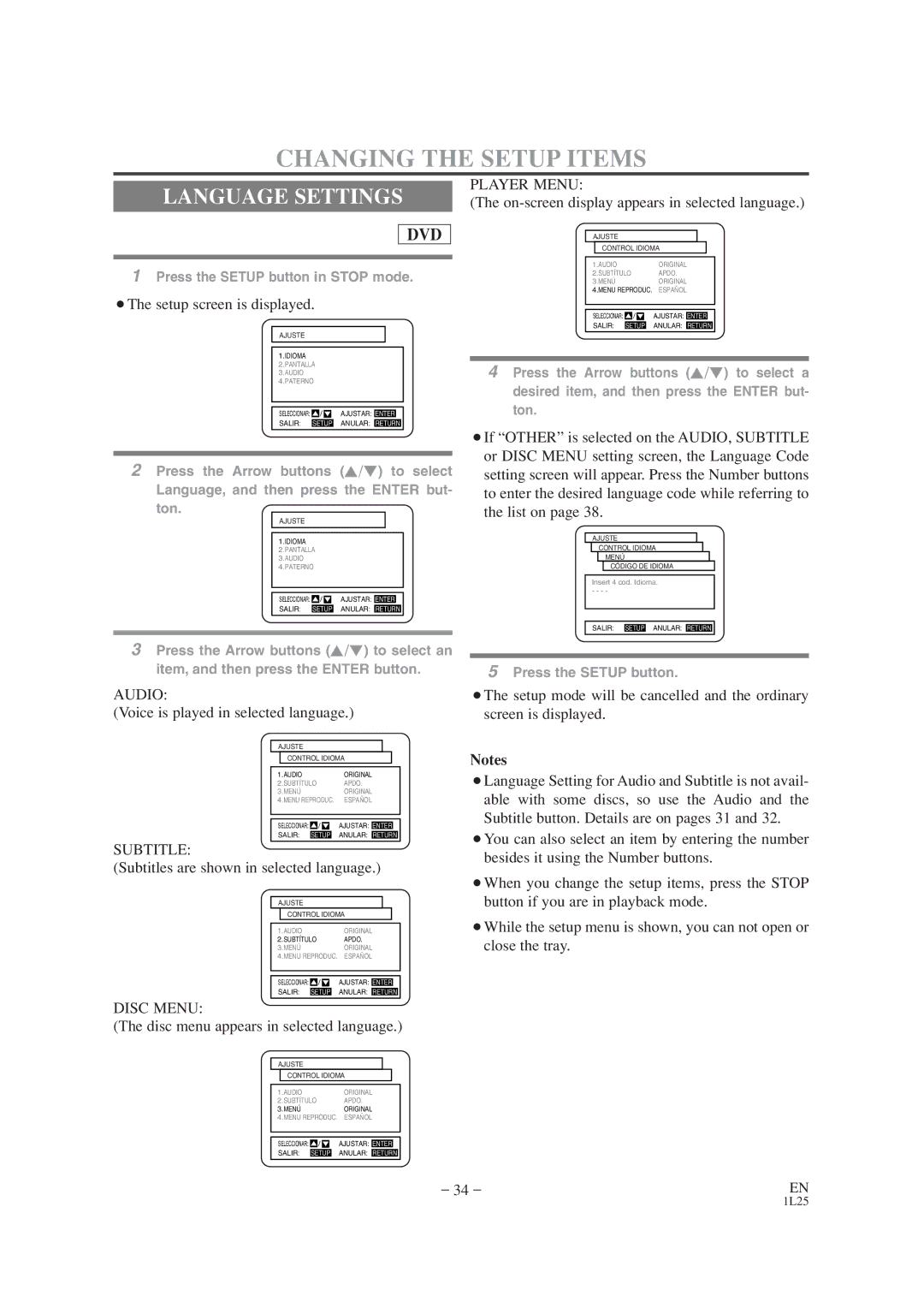 Audiovox AXWD2002 owner manual Changing the Setup Items, Language Settings 