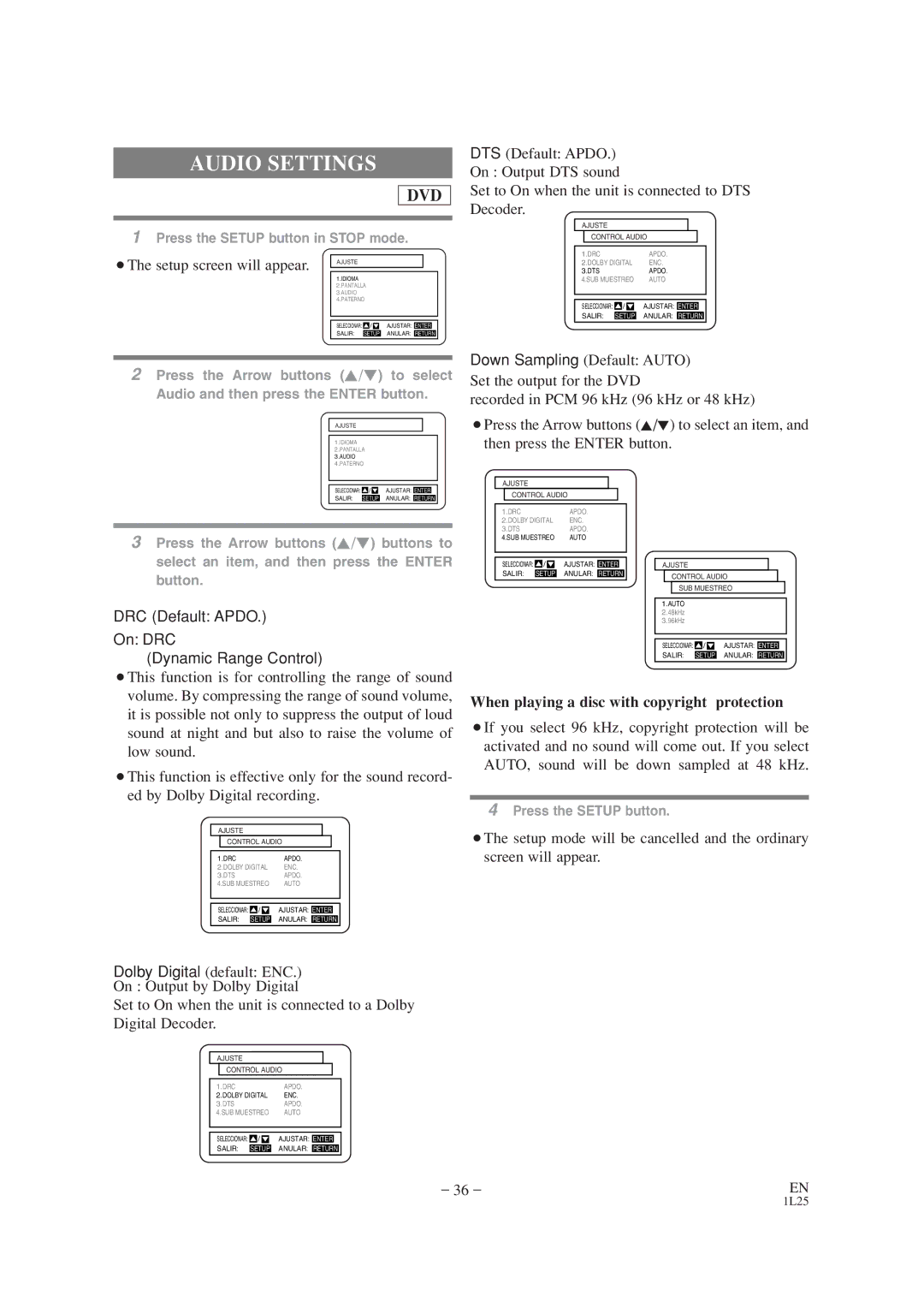 Audiovox AXWD2002 owner manual Audio Settings, When playing a disc with copyright protection 