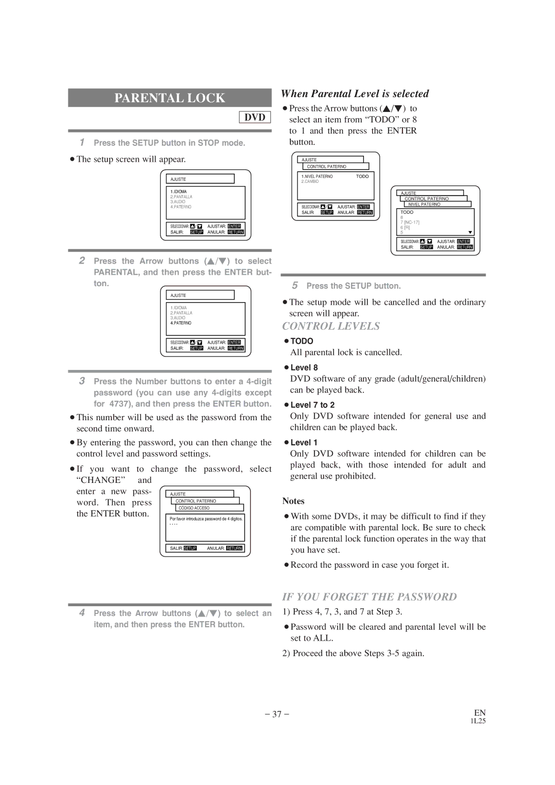 Audiovox AXWD2002 owner manual When Parental Level is selected, All parental lock is cancelled 