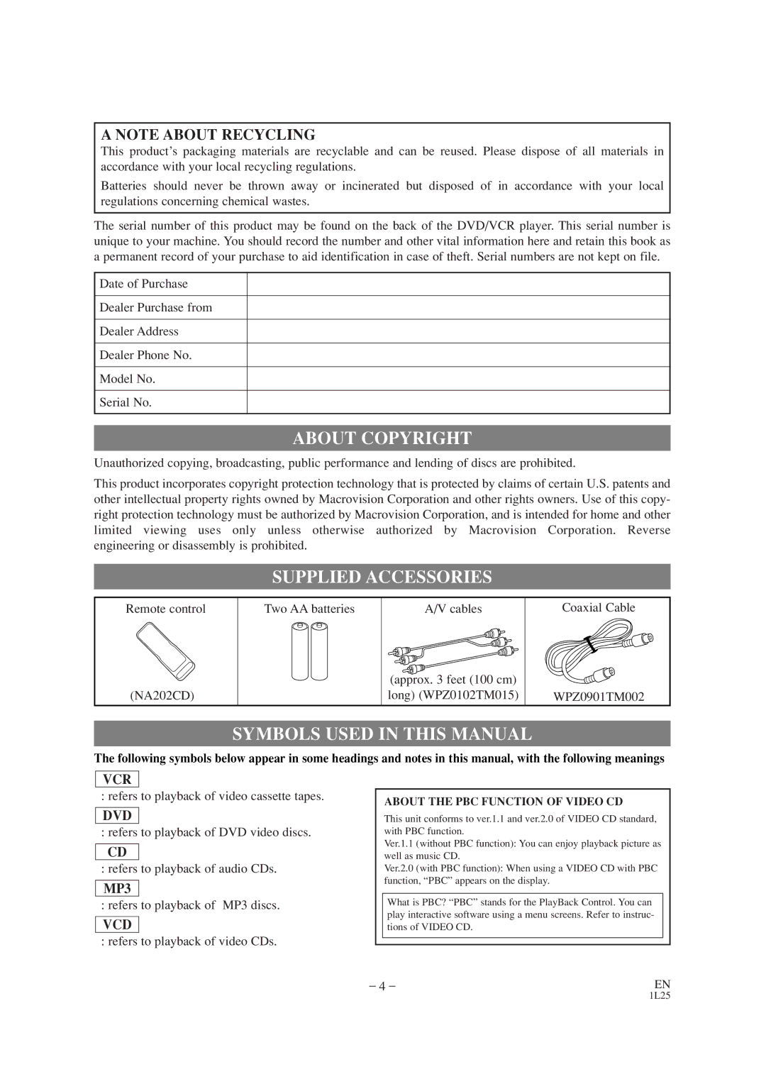 Audiovox AXWD2002 owner manual About Copyright, Supplied Accessories, Symbols Used in this Manual 