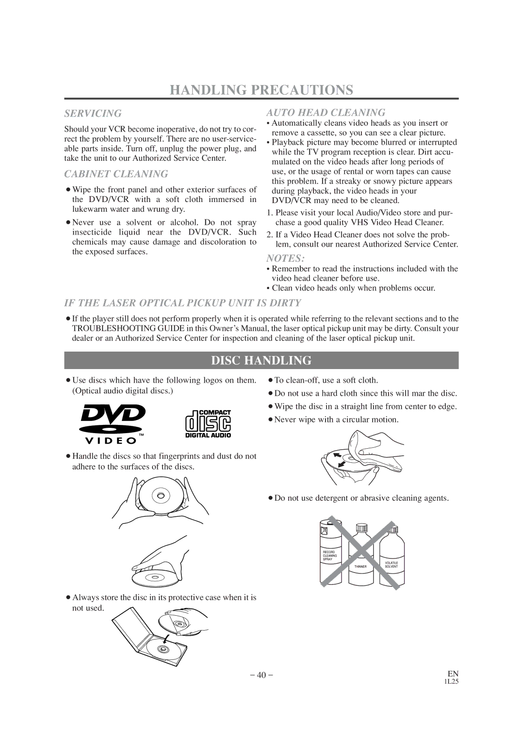 Audiovox AXWD2002 owner manual Handling Precautions, Disc Handling 