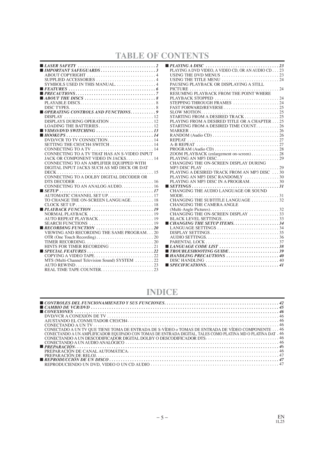 Audiovox AXWD2002 owner manual Table of Contents, Indice 