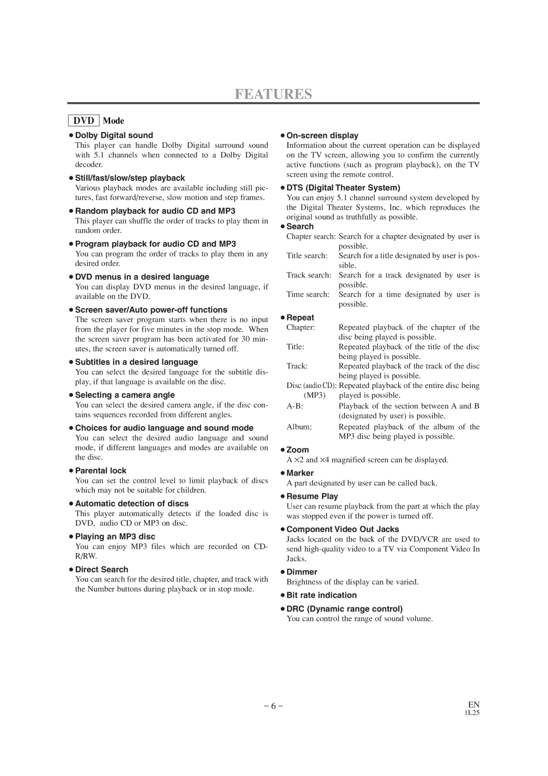 Audiovox AXWD2002 owner manual Features, DVD Mode 