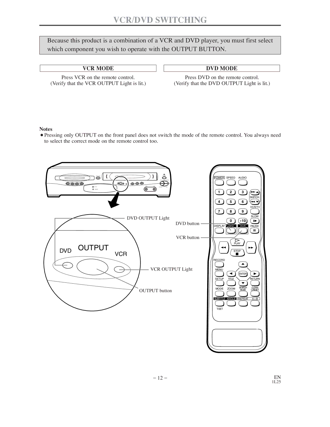 Audiovox AXWD2003 owner manual VCR/DVD Switching, DVD Mode 