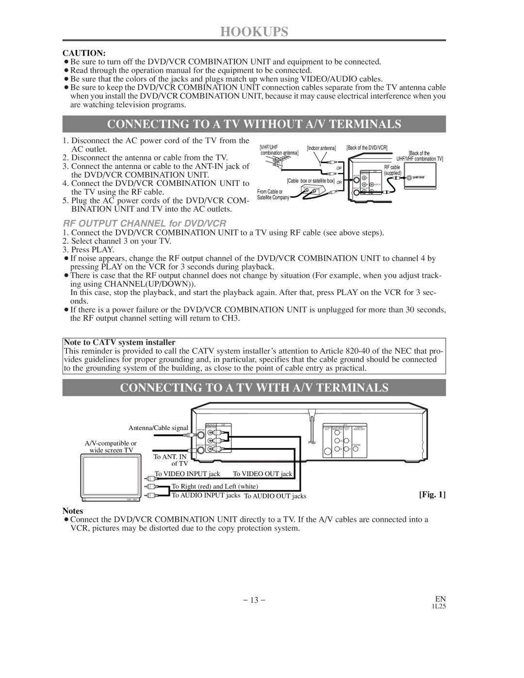 Audiovox AXWD2003 owner manual Hookups, Connecting to a TV Without A/V Terminals, Connecting to a TV with A/V Terminals 