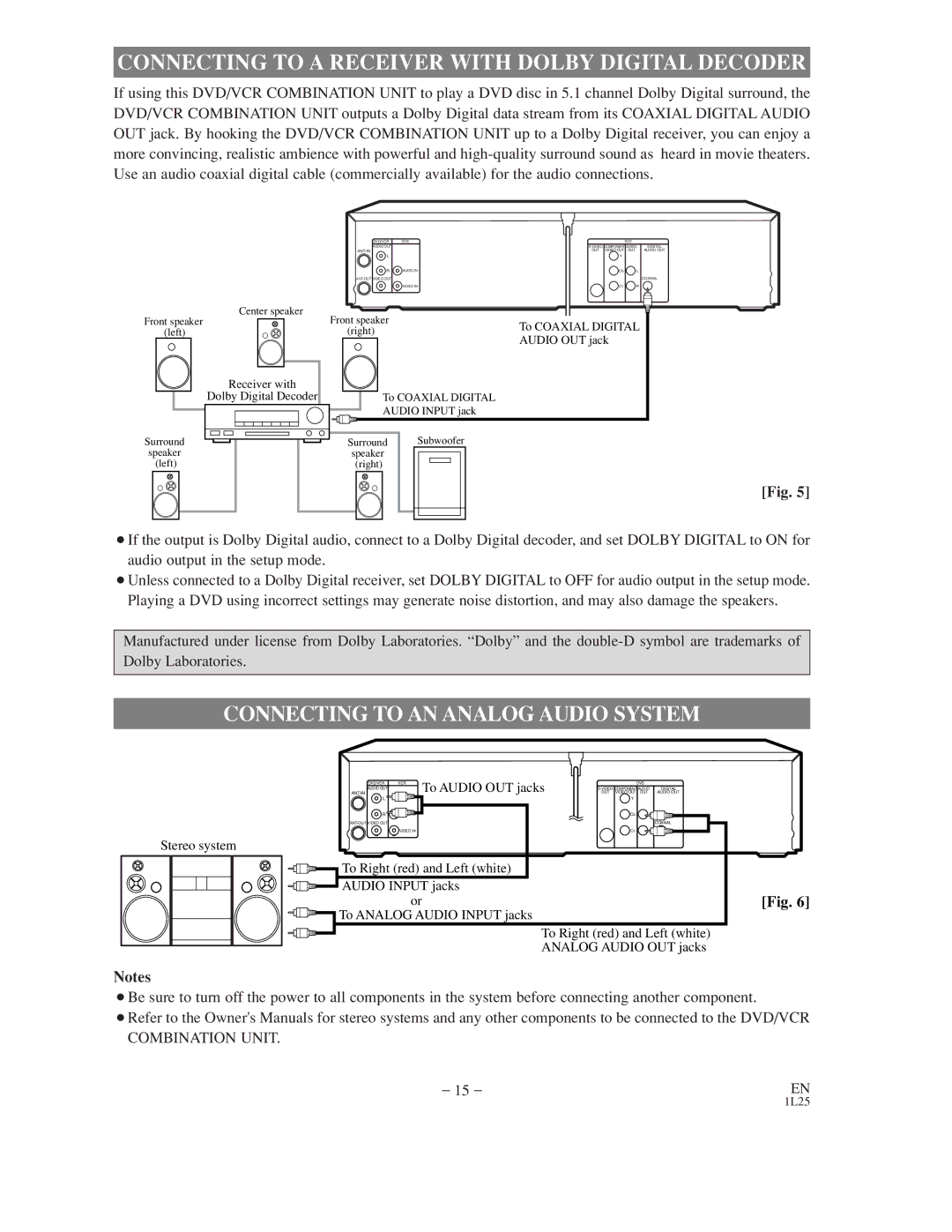 Audiovox AXWD2003 owner manual Connecting to a Receiver with Dolby Digital Decoder, Connecting to AN Analog Audio System 