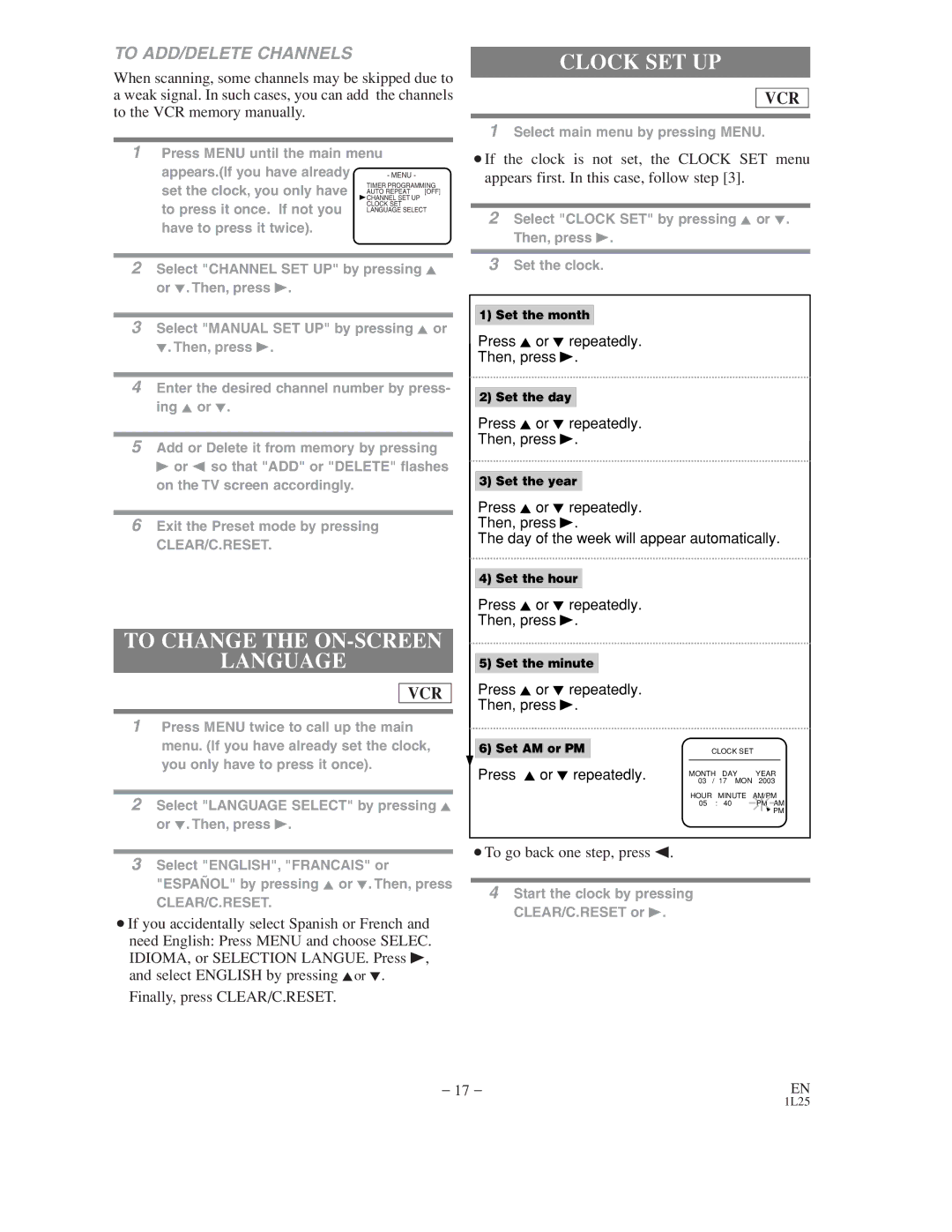 Audiovox AXWD2003 owner manual Clock SET UP, To Change the ON-SCREEN Language, To ADD/DELETE Channels 