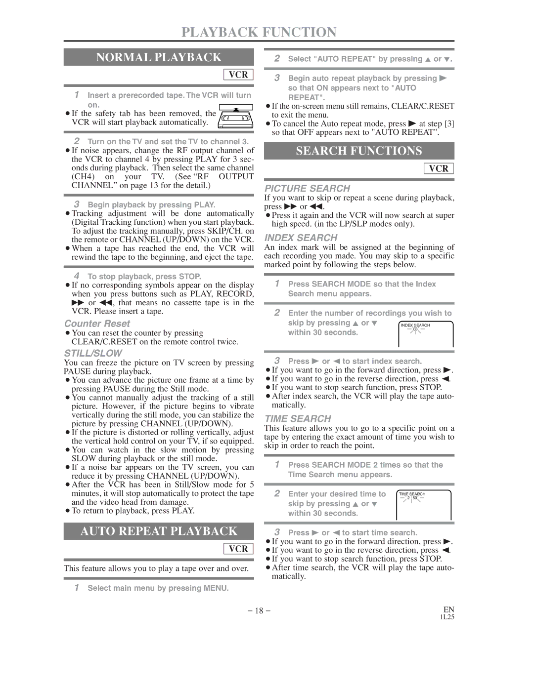 Audiovox AXWD2003 owner manual Playback Function, Normal Playback, Auto Repeat Playback, Search Functions 