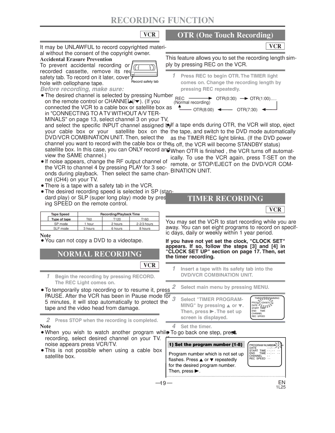 Audiovox AXWD2003 owner manual Recording Function, Normal Recording, Timer Recording 