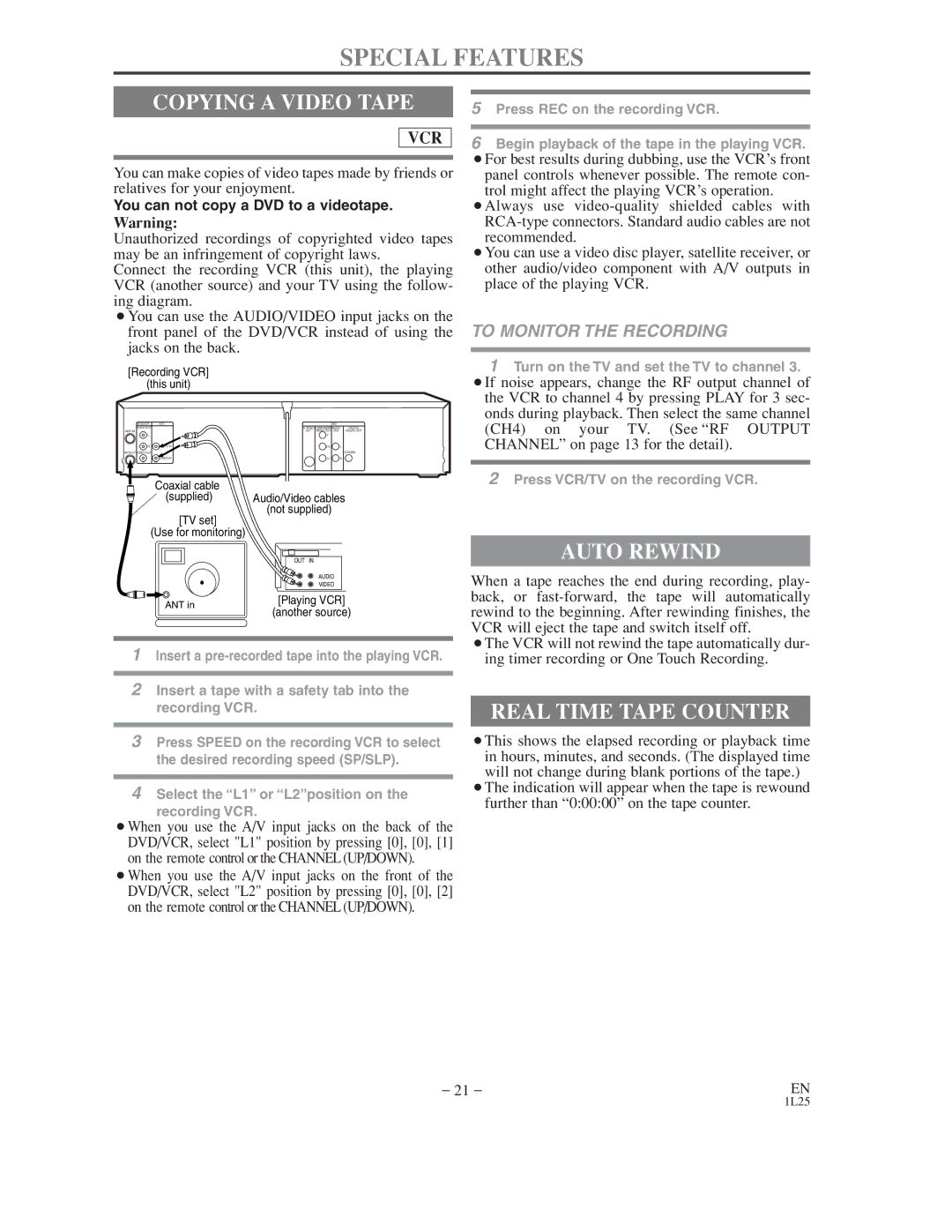 Audiovox AXWD2003 Special Features, Copying a Video Tape, Auto Rewind, Real Time Tape Counter, To Monitor the Recording 