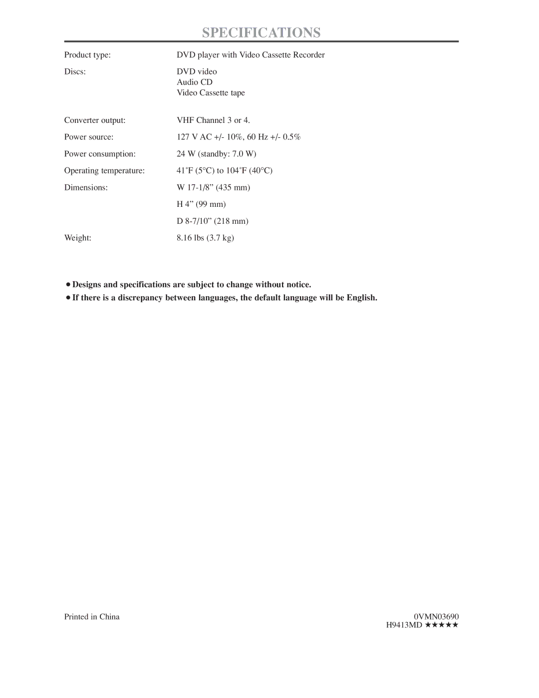 Audiovox AXWD2003 owner manual Specifications, 0VMN03690, H9413MD 