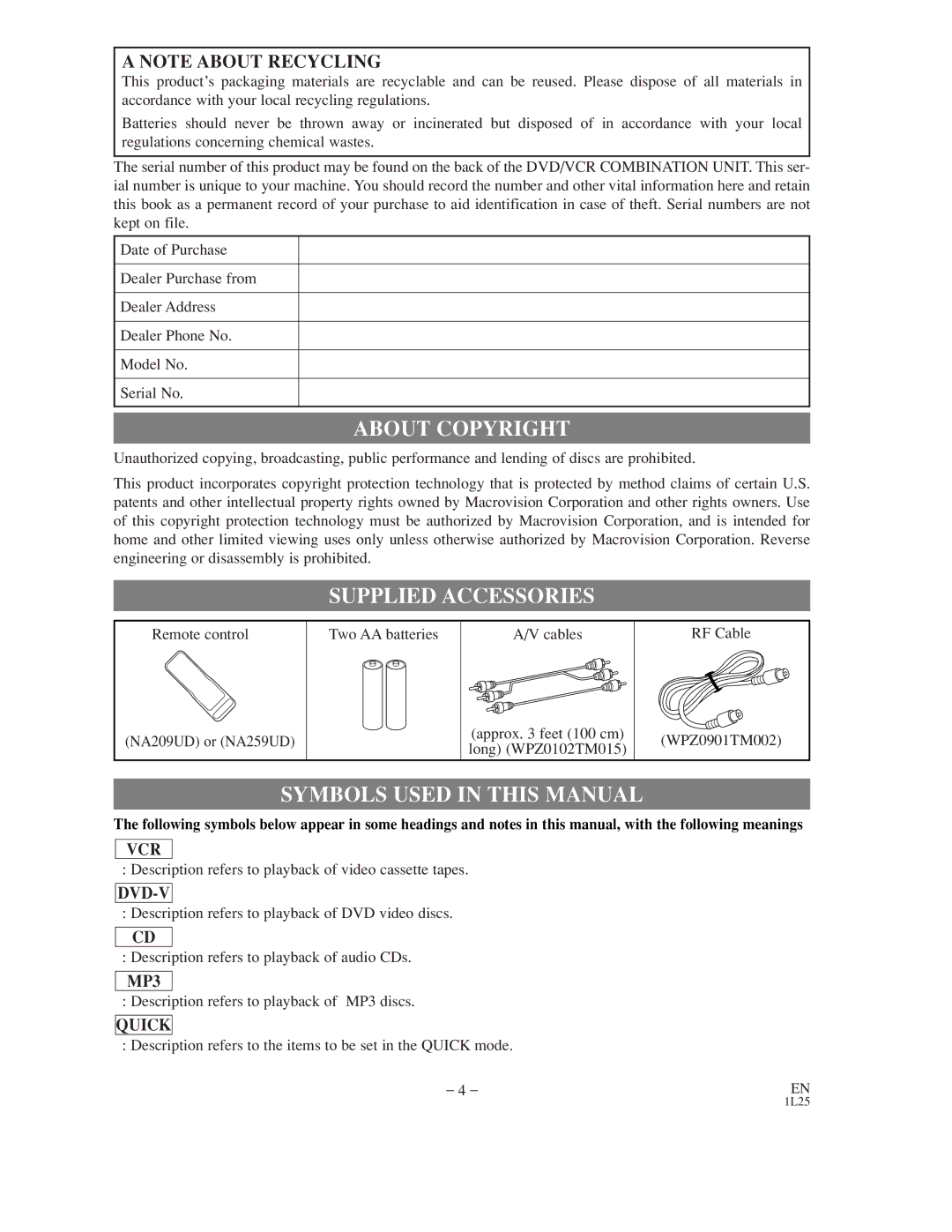 Audiovox AXWD2003 owner manual About Copyright, Supplied Accessories, Symbols Used in this Manual 