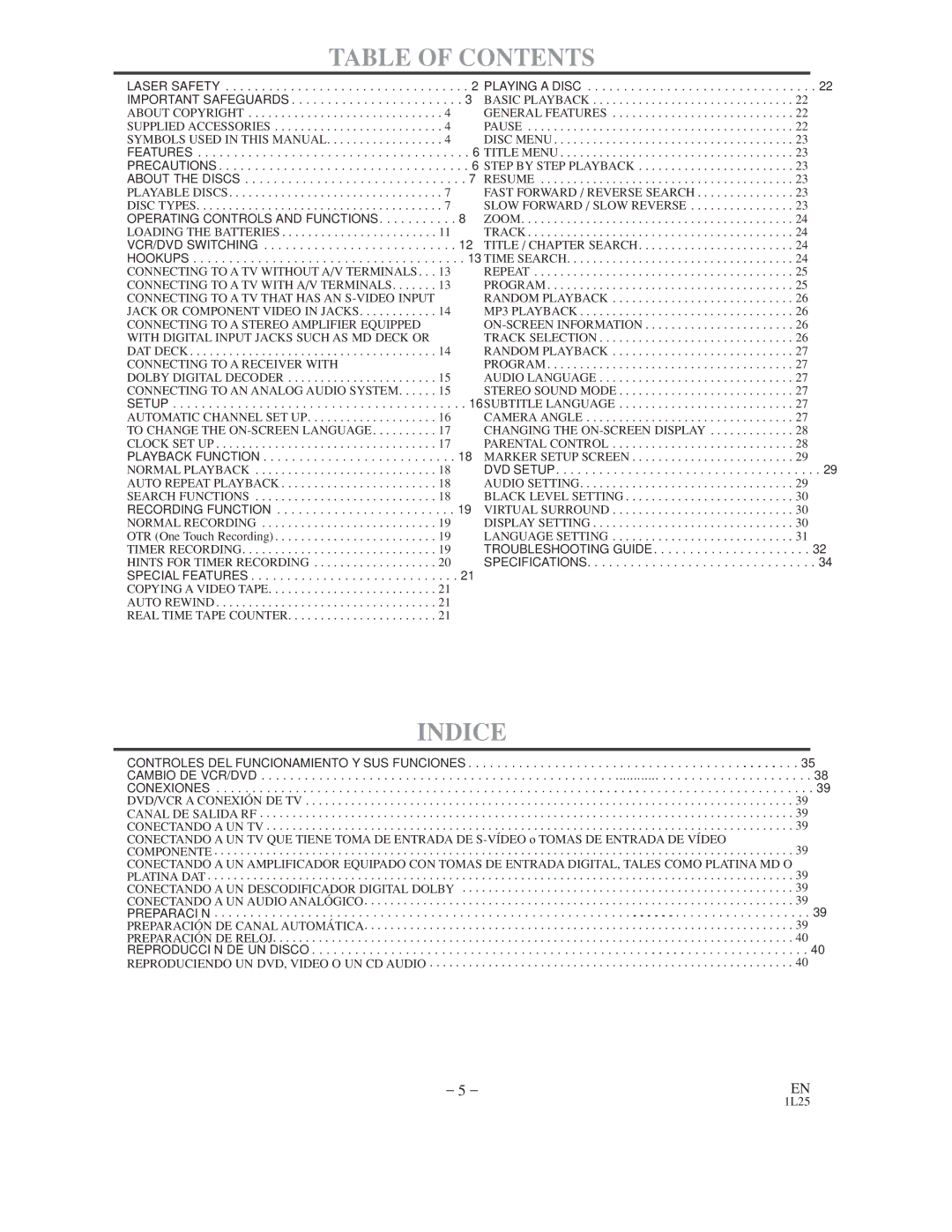 Audiovox AXWD2003 owner manual Table of Contents, Indice 