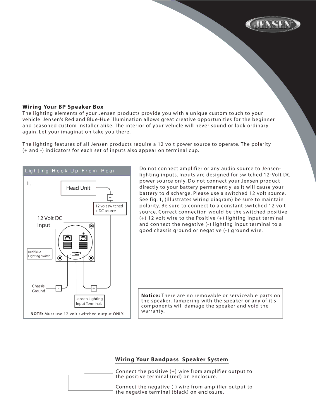 Audiovox BP112 Wiring Your BP Speaker Box, Head Unit, Volt DC Input, Wiring Your Bandpass Speaker System, Chassis Ground 