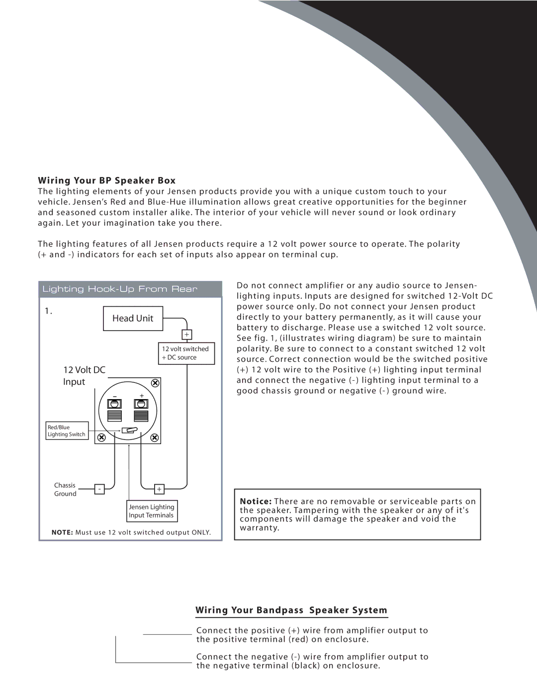 Audiovox BP210 Wiring Your BP Speaker Box, Head Unit, Volt DC Input, Wiring Your Bandpass Speaker System, Chassis Ground 