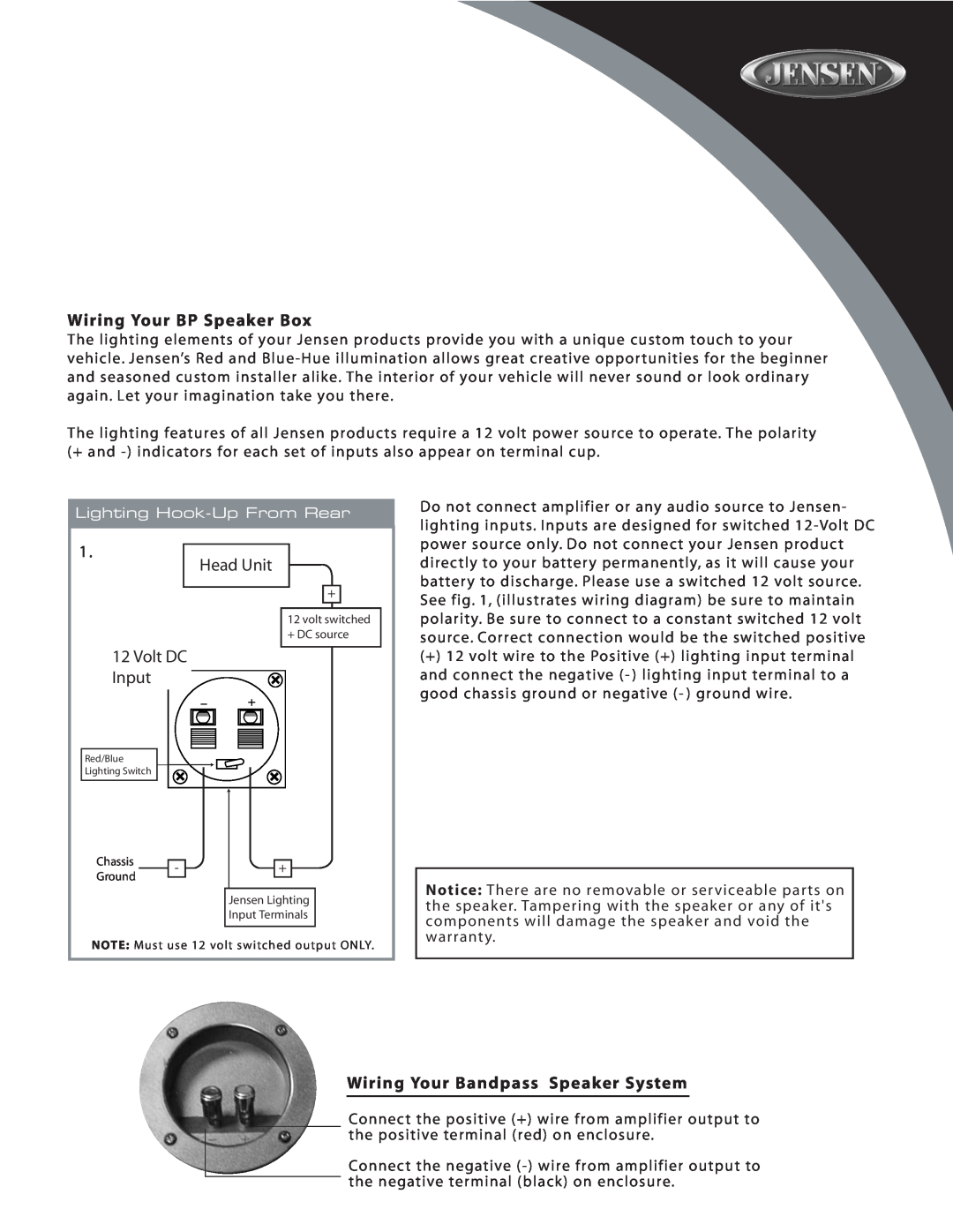 Audiovox BP210, BP212 owner manual Wiring Your BP Speaker Box, Head Unit, Volt DC Input, Wiring Your Bandpass Speaker System 