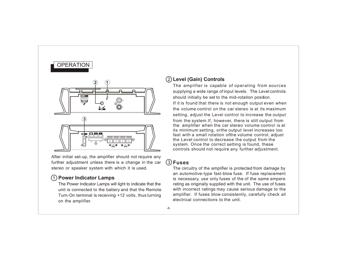 Audiovox BTR120 owner manual Operation, Power Indicator Lamps, Level Gain Controls, Fuses 