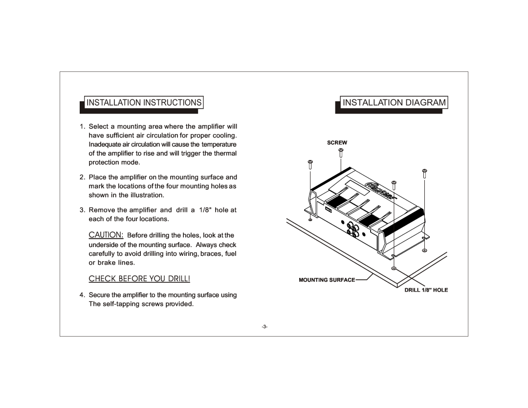Audiovox BTR120 owner manual Installation Instructions, Installation Diagram, Check Before You Drill 