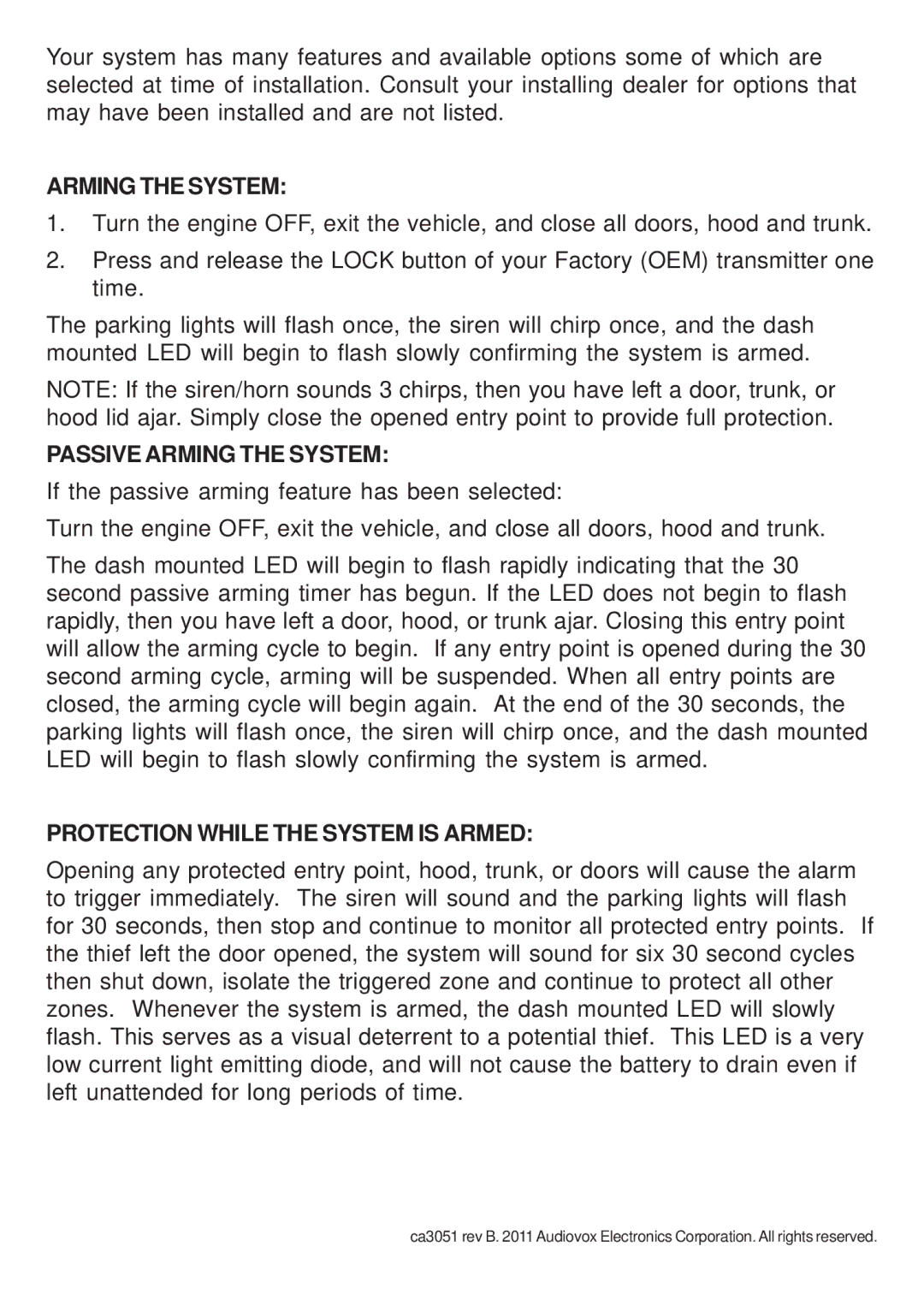 Audiovox CA 3051 manual Passive Arming the System, Protection While the System is Armed 