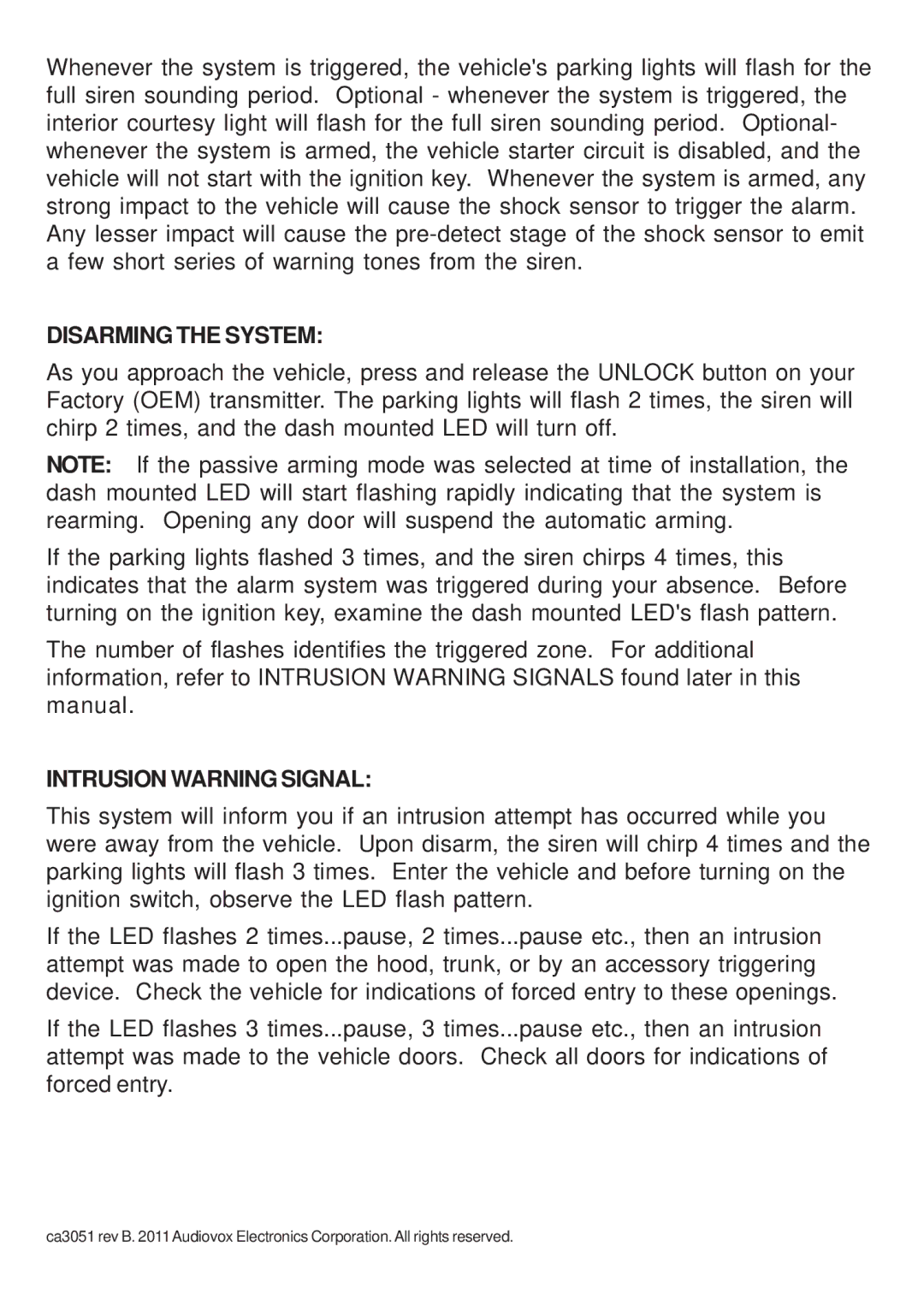 Audiovox CA 3051 manual Disarming the System, Intrusion Warning Signal 