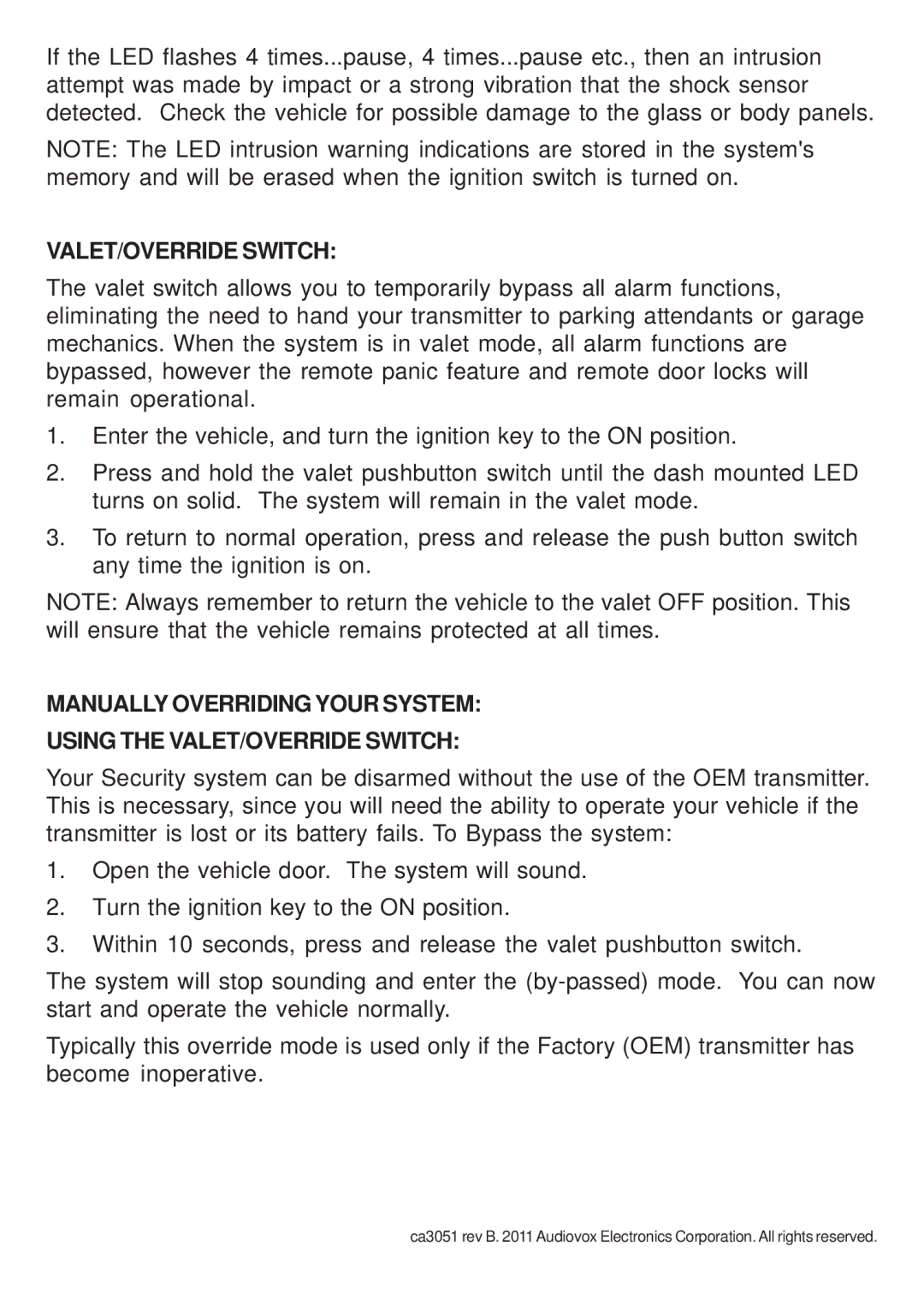 Audiovox CA 3051 manual VALET/OVERRIDE Switch 