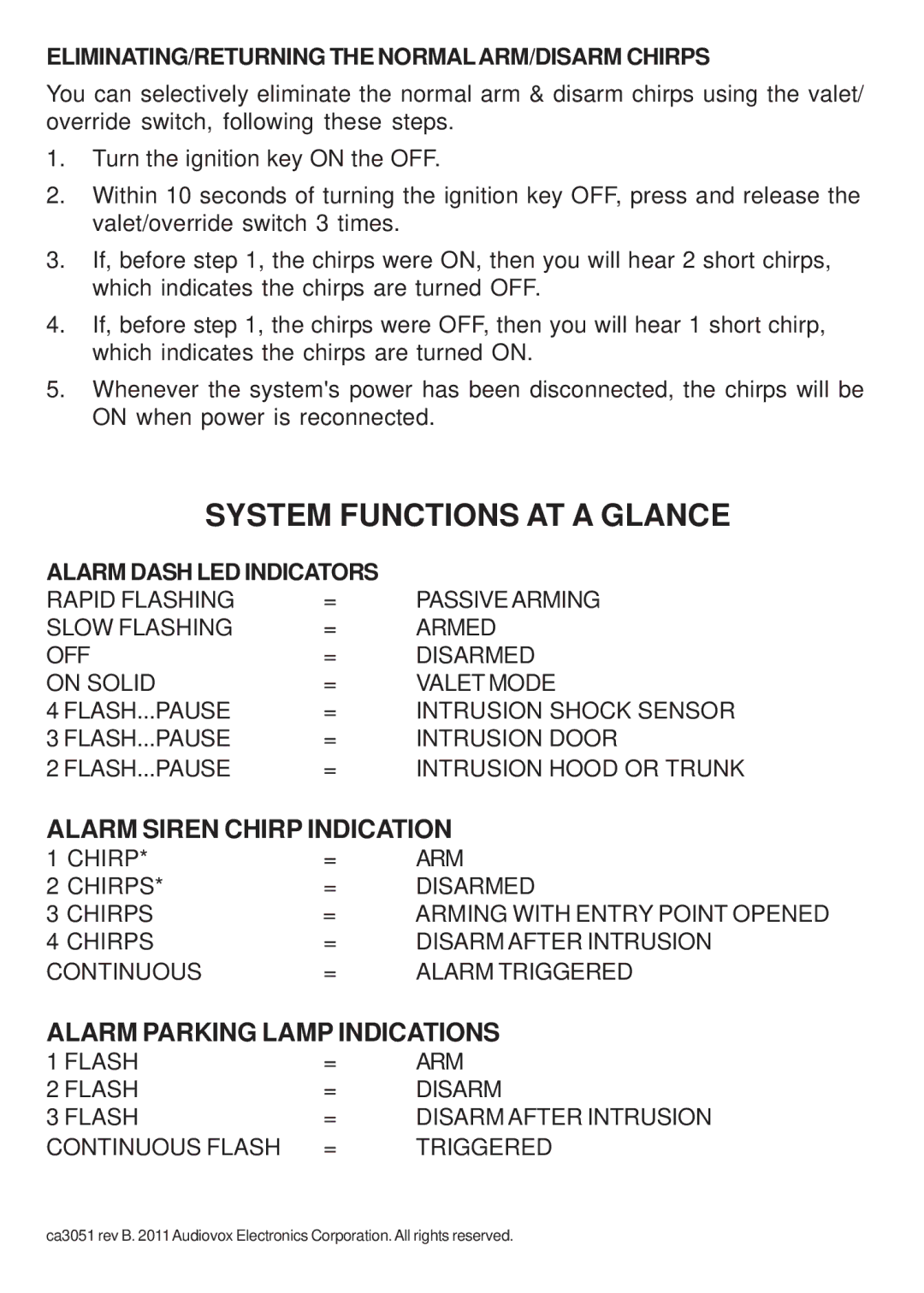 Audiovox CA 3051 manual ELIMINATING/RETURNING the NORMALARM/DISARM Chirps, Alarm Dash LED Indicators 