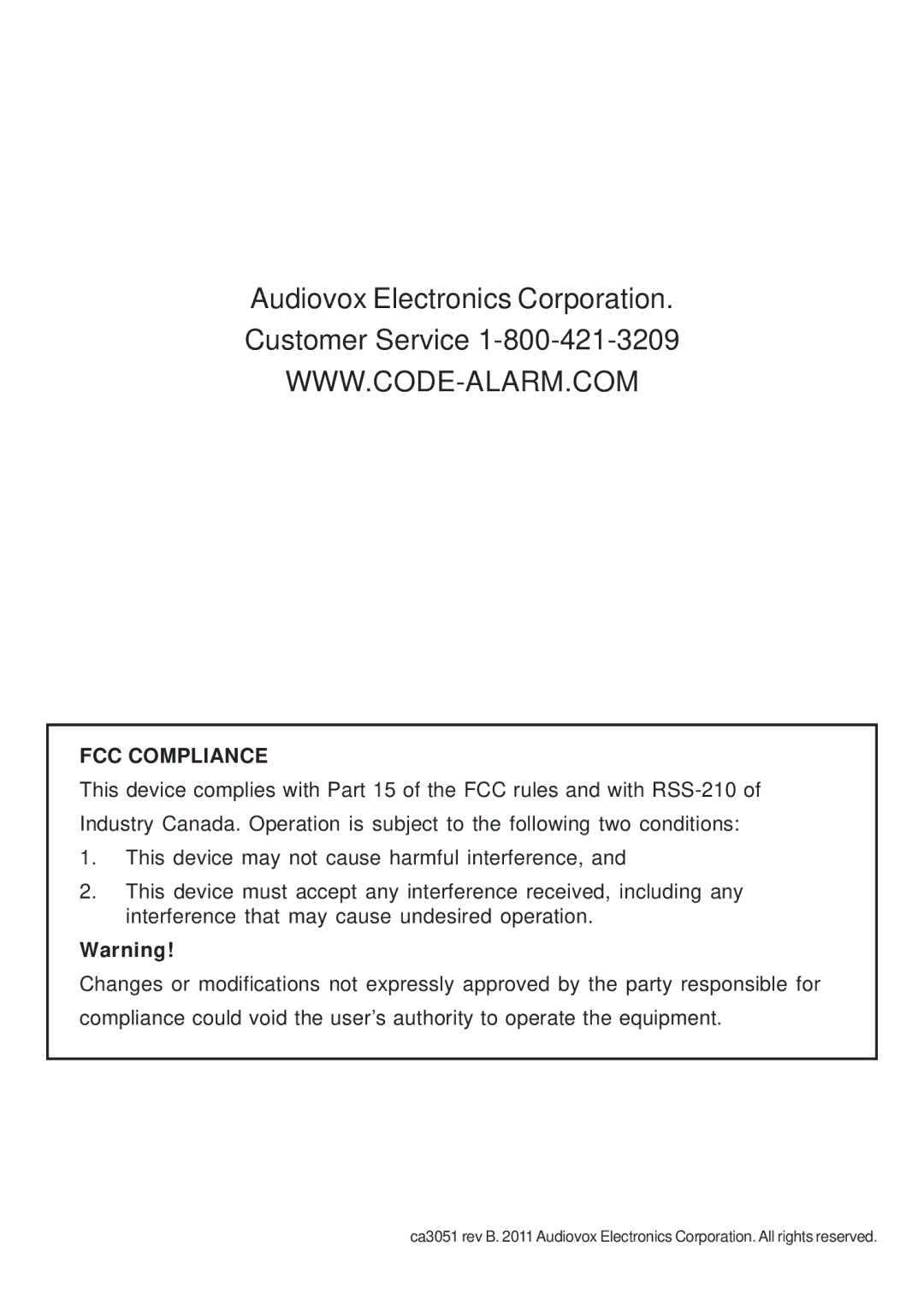 Audiovox CA 3051 manual Audiovox Electronics Corporation Customer Service 