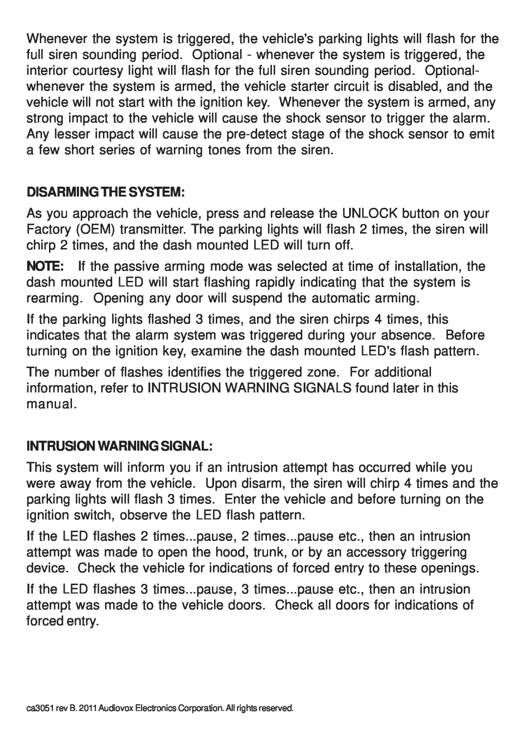 Audiovox CA 3051 manual Disarming The System, Intrusion Warning Signal 