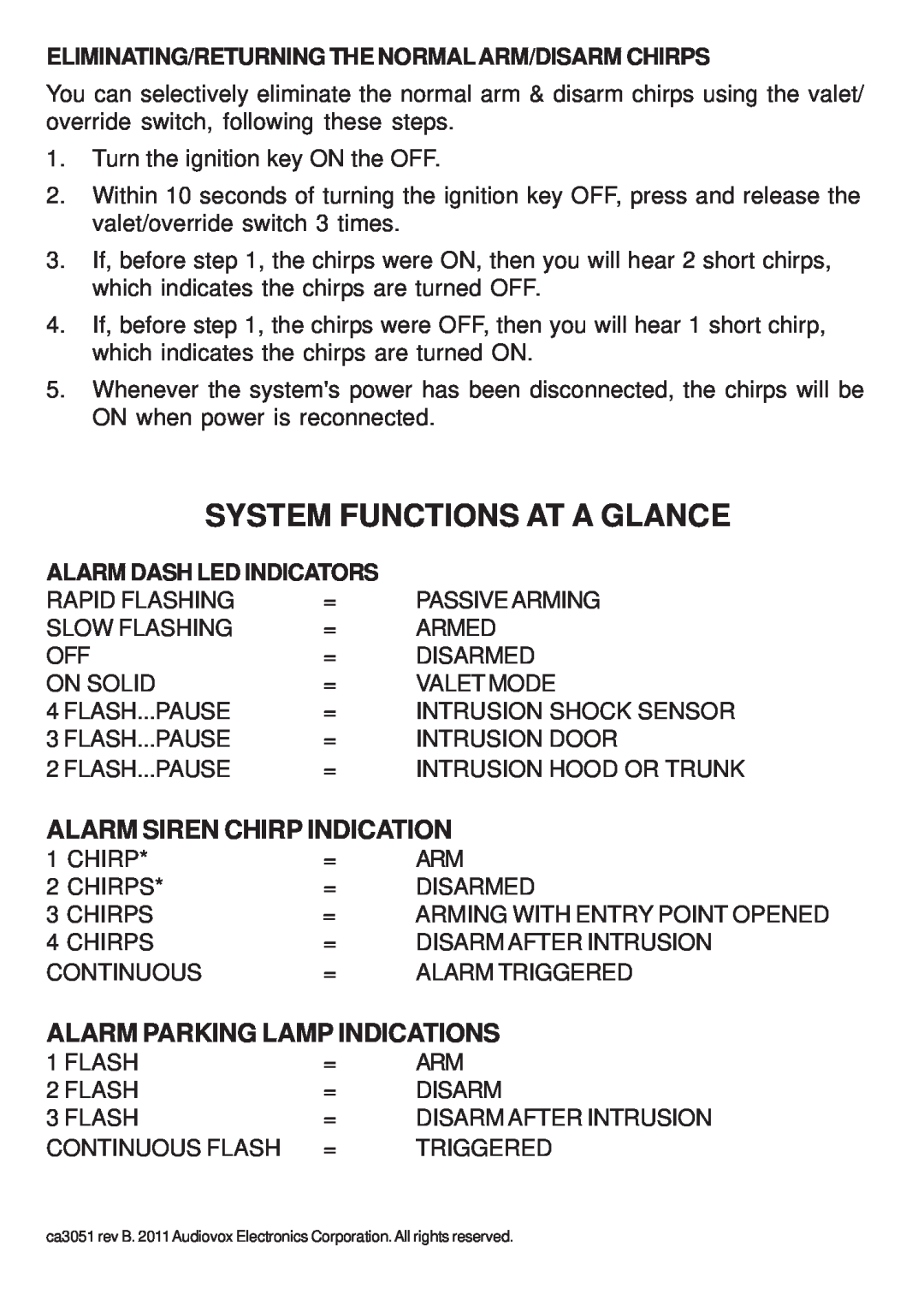 Audiovox CA 3051 manual Eliminating/Returning The Normalarm/Disarm Chirps, Alarm Dash Led Indicators 