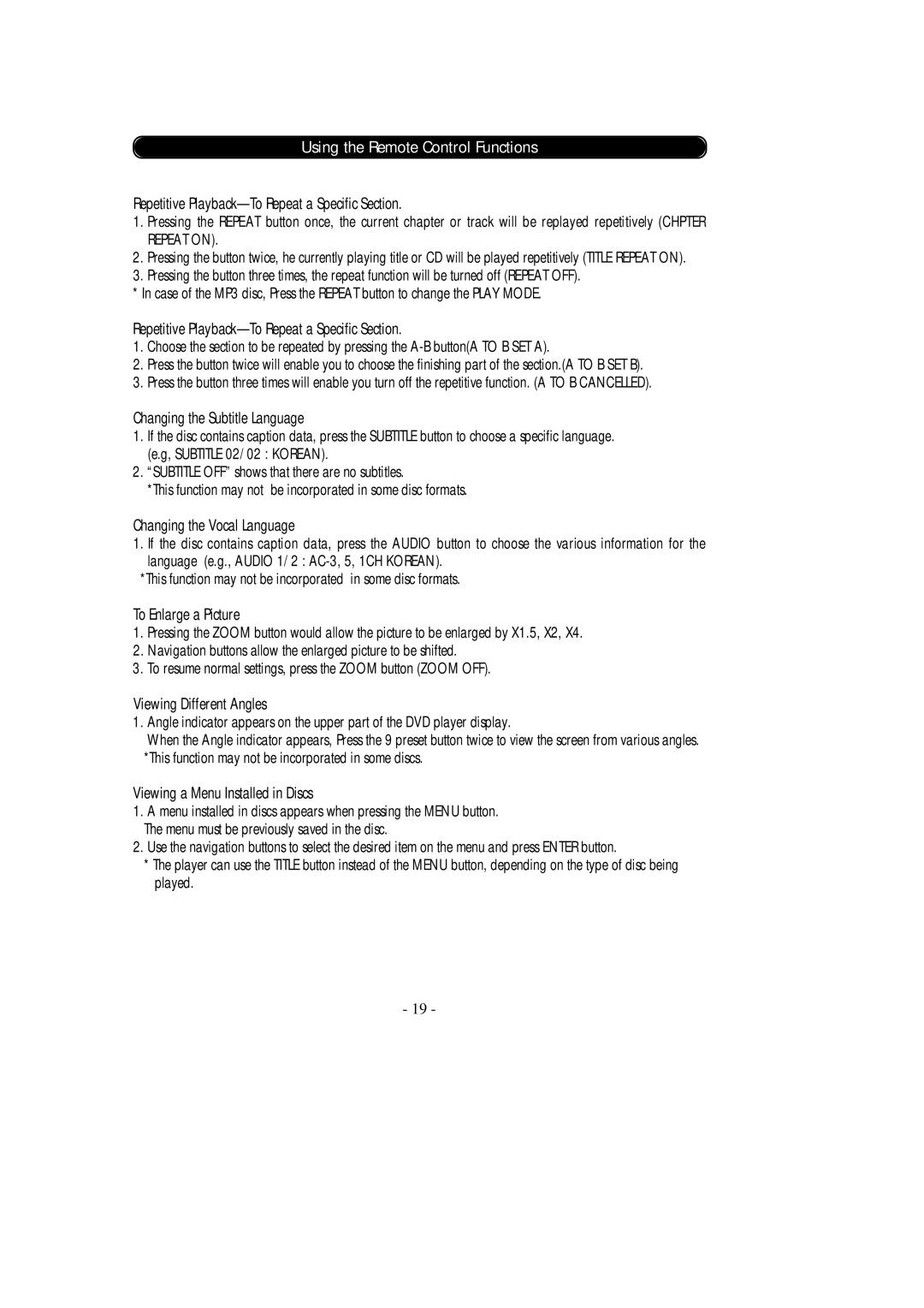 Audiovox Car DVD Player/Monitor Combo Repetitive Playback-To Repeat a Specific Section, Changing the Subtitle Language 