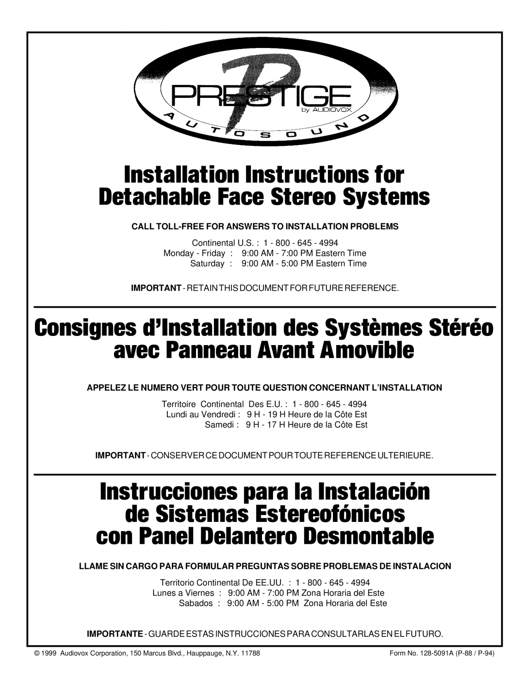 Audiovox Car Stereo System installation instructions Installation Instructions for Detachable Face Stereo Systems 