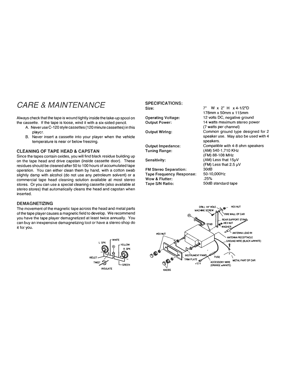 Audiovox Cassette Player owner manual Cleaning of Tape Head & Capstan, Demagnetizing 