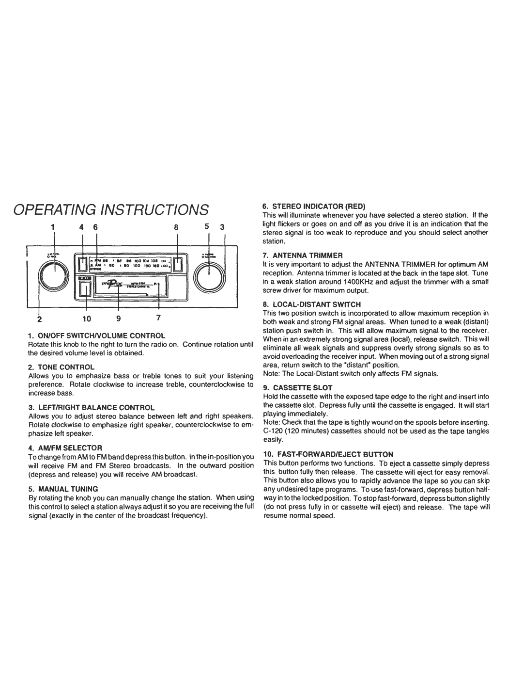 Audiovox Cassette Player owner manual Stereo Indica TOR RED, Antenna Trimmer, FAST-FORWARD/EJECT Button 