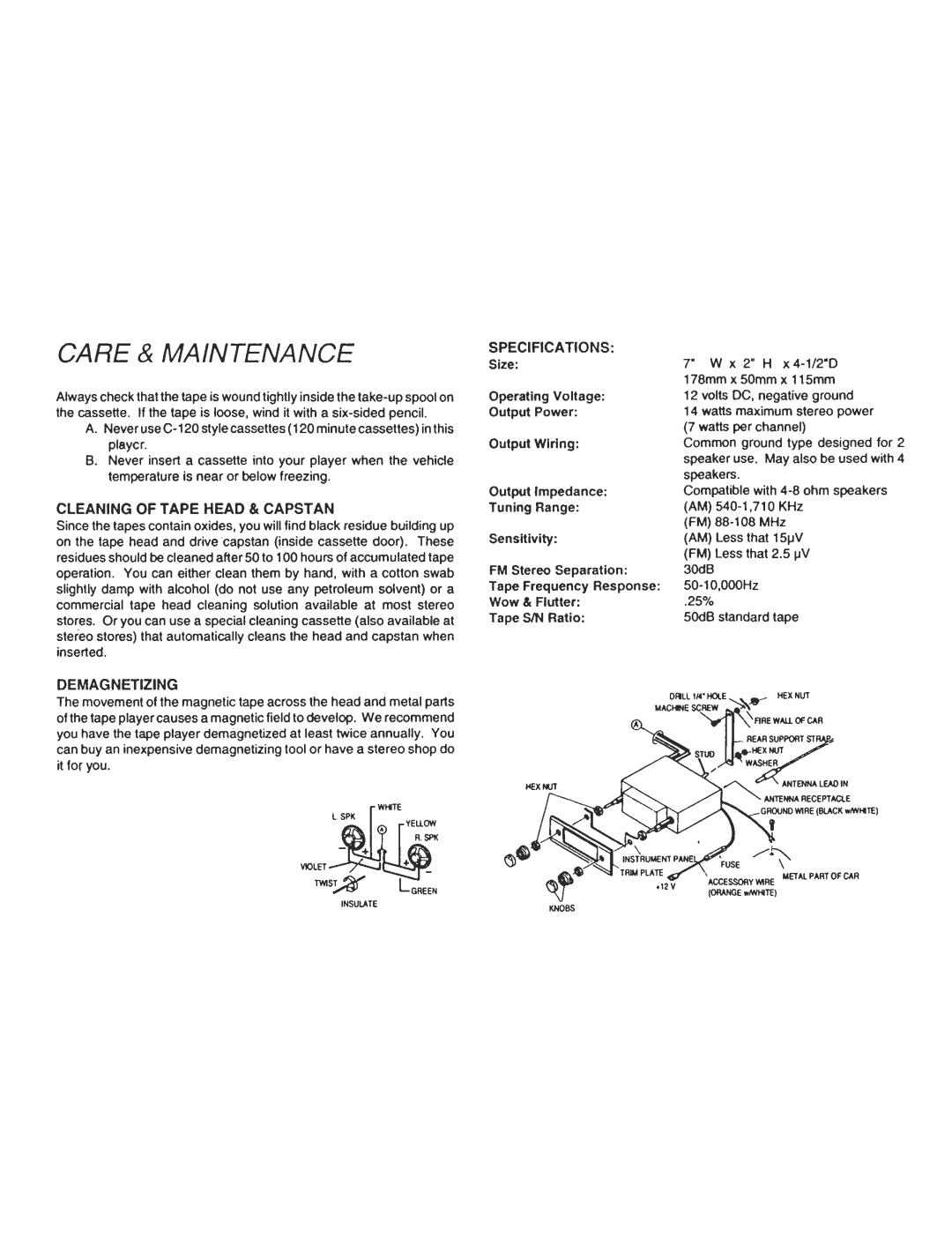 Audiovox Cassette Player owner manual Care & Maintenance 