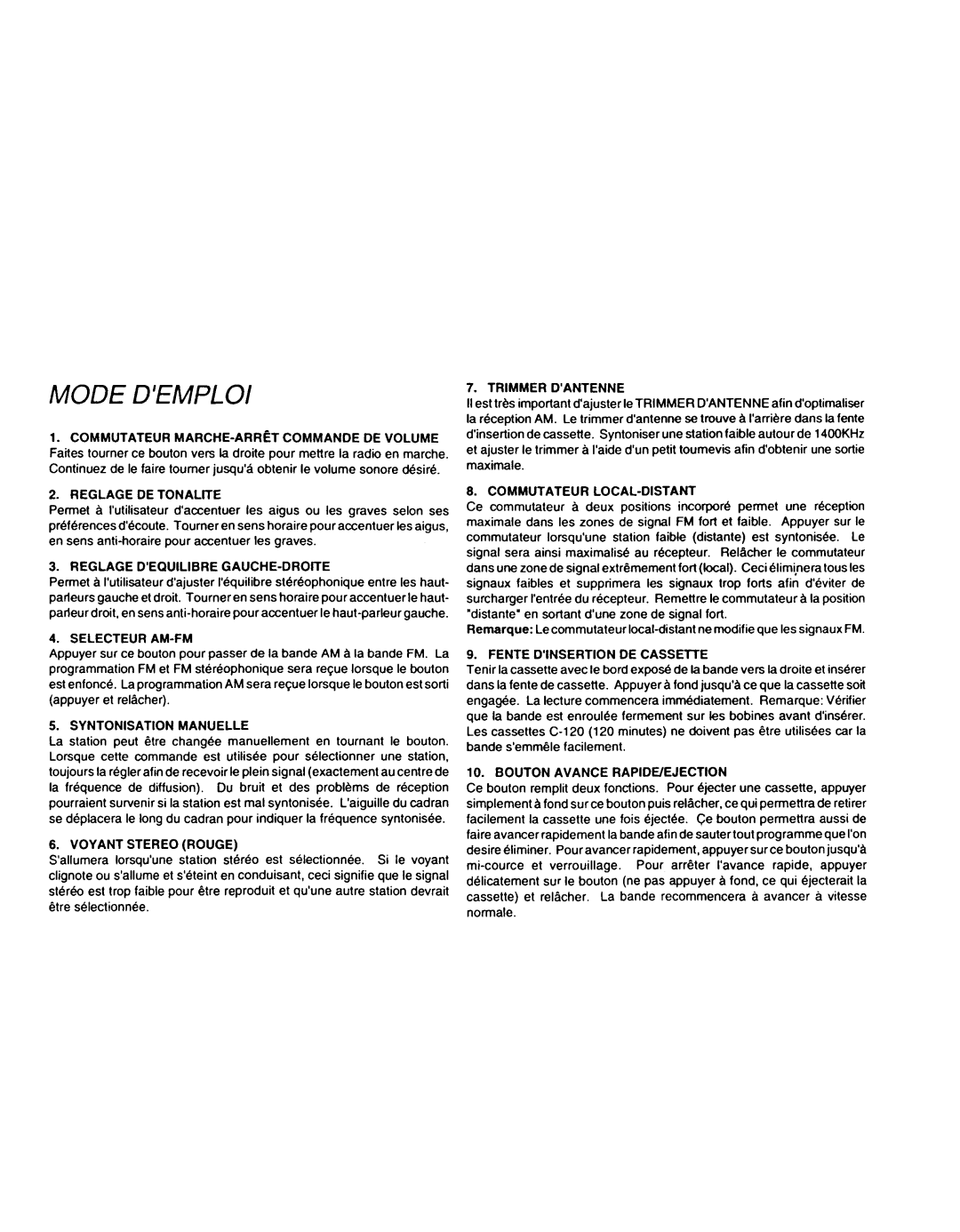 Audiovox Cassette Player owner manual Mode Demploi 
