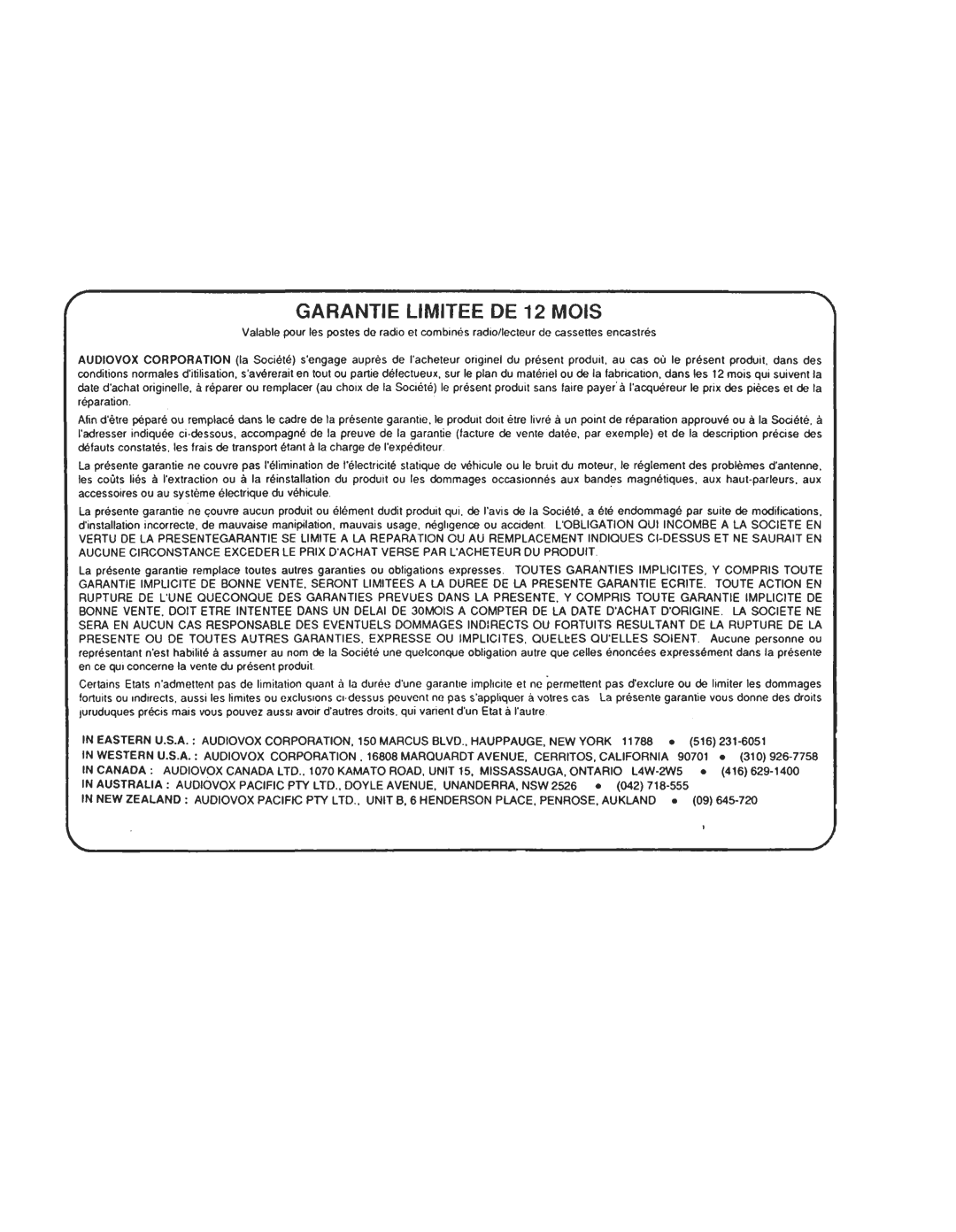 Audiovox Cassette Player owner manual Garantie, LlMITEE, Mois 