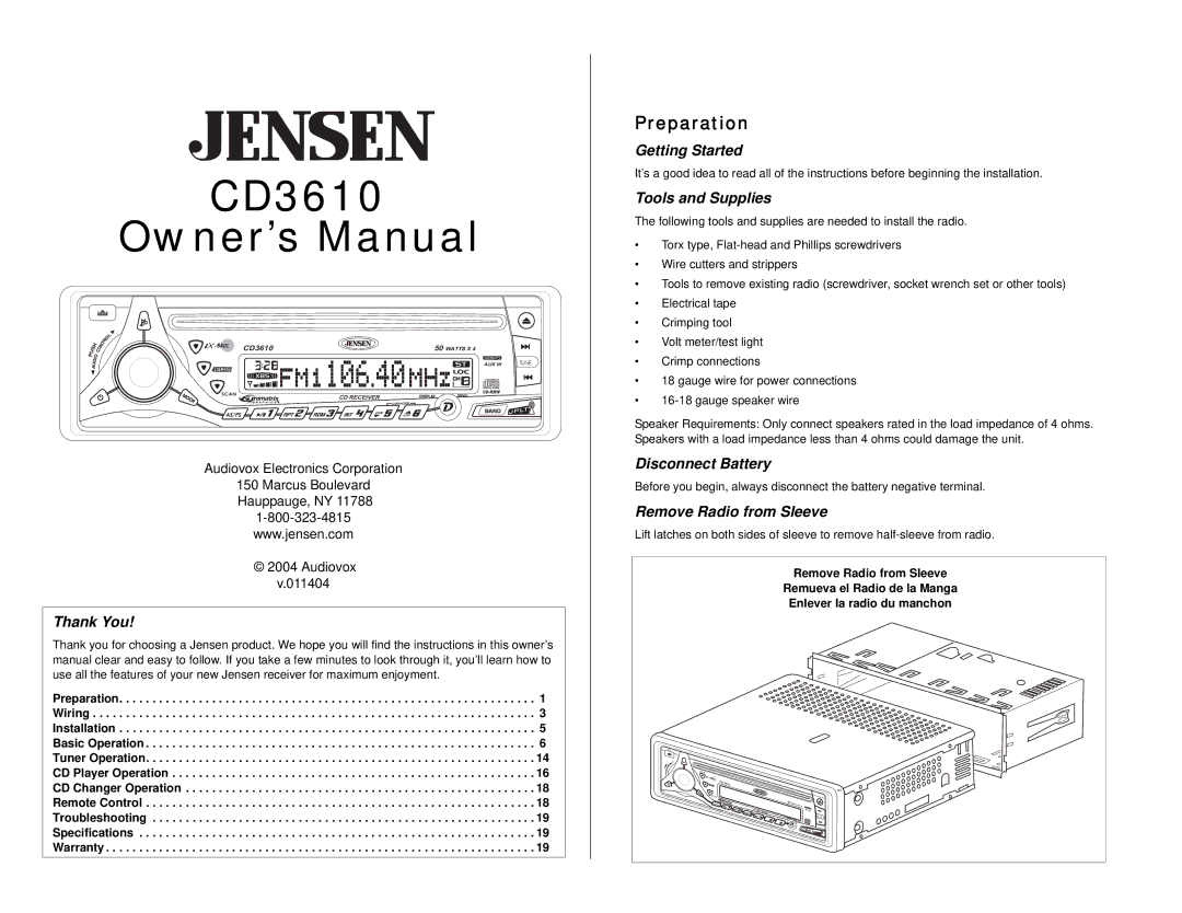 Audiovox CD 3610 owner manual Preparation 