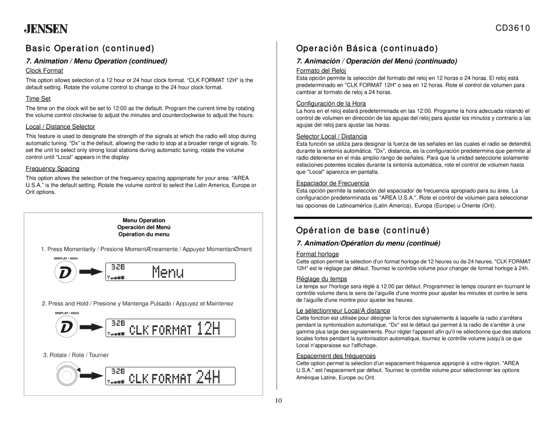 Audiovox CD 3610 owner manual Animación / Operación del Menú continuado, Animation/Opération du menu continué 