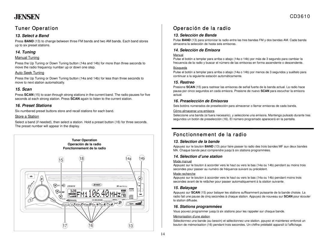 Audiovox CD 3610 owner manual Tuner Operation, CD3610 Operación de la radio, Fonctionnement de la radio 