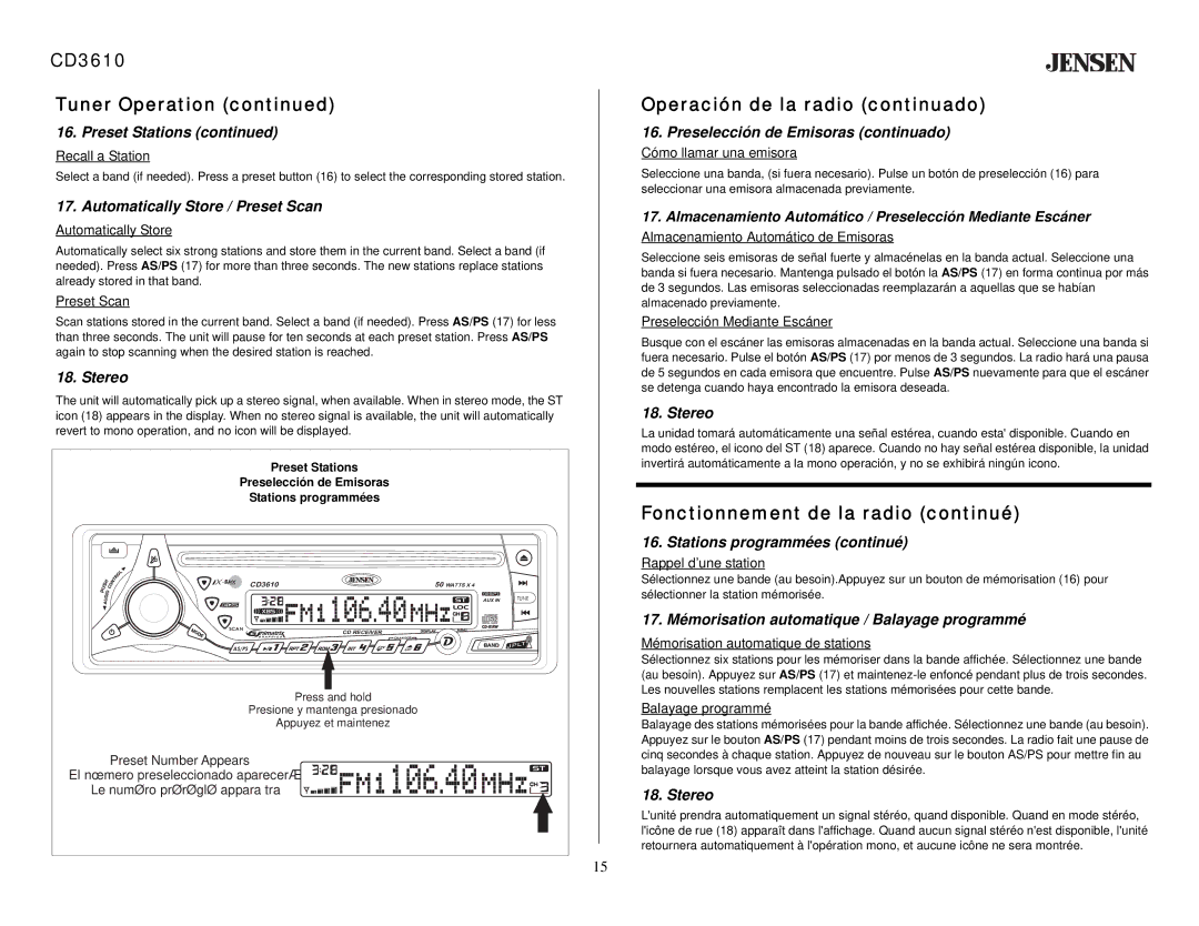 Audiovox CD 3610 owner manual CD3610 Tuner Operation, Operación de la radio continuado, Fonctionnement de la radio continué 