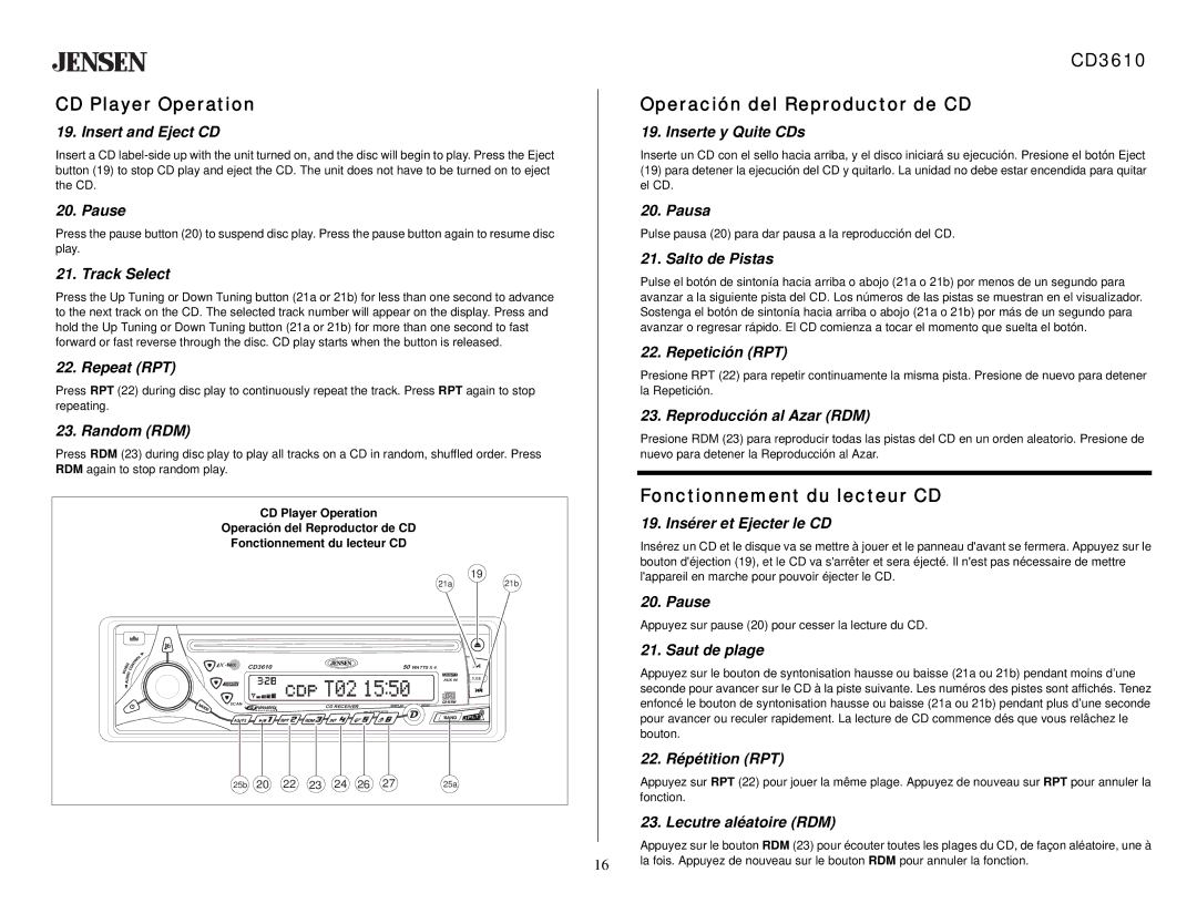 Audiovox CD 3610 owner manual CD Player Operation, CD3610 Operación del Reproductor de CD, Fonctionnement du lecteur CD 