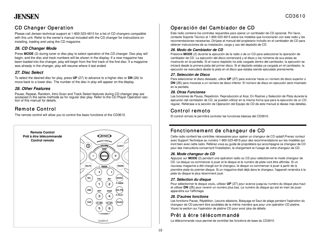 Audiovox CD 3610 owner manual CD Changer Operation, Remote Control, CD3610 Operación del Cambiador de CD, Control remoto 