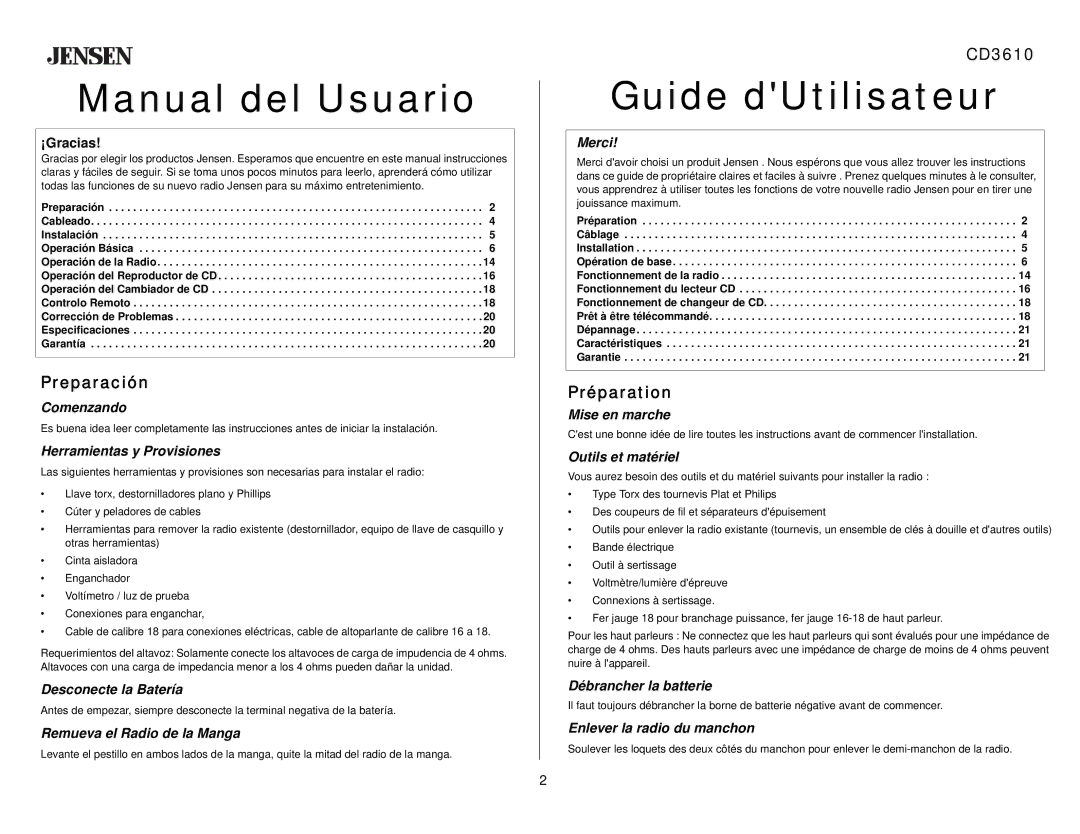 Audiovox CD 3610 owner manual Preparación, CD3610, Préparation 