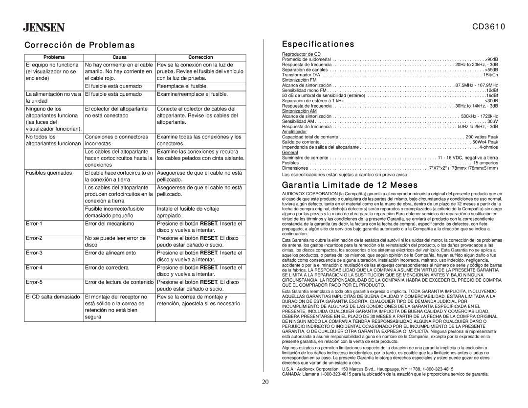 Audiovox CD 3610 owner manual Corrección de Problemas, CD3610 Especificationes, Garantia Limitade de 12 Meses 