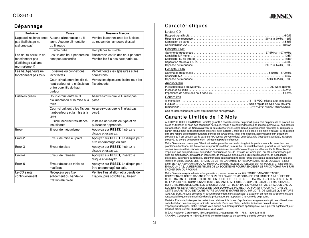 Audiovox CD 3610 owner manual CD3610 Dépannage, Caractéristiques, Garantie Limitée de 12 Mois 