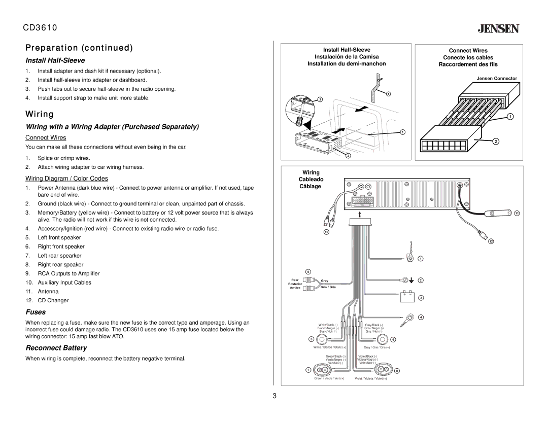 Audiovox CD 3610 owner manual CD3610 Preparation, Wiring 