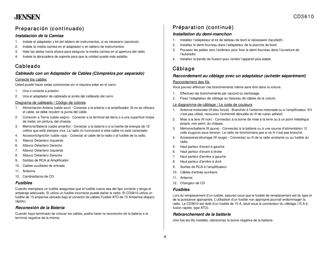 Audiovox CD 3610 owner manual Preparación continuado, Cableado, CD3610 Préparation continué, Câblage 