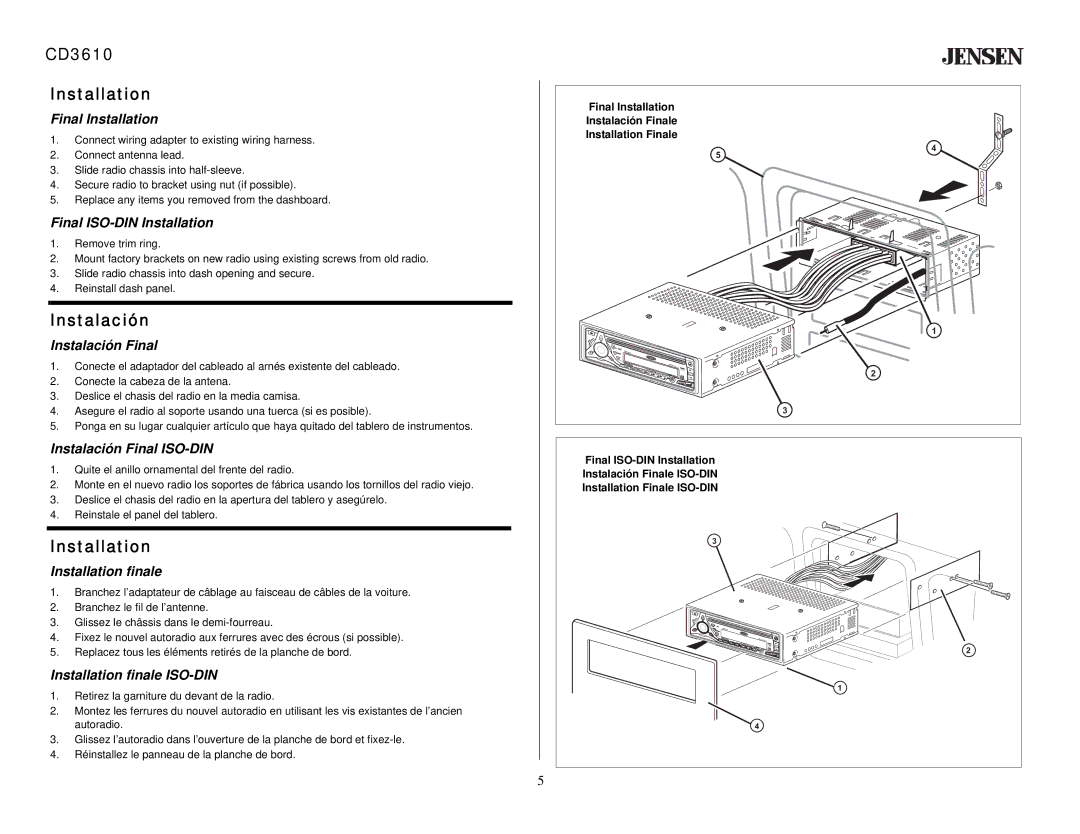 Audiovox CD 3610 owner manual CD3610 Installation, Instalación 