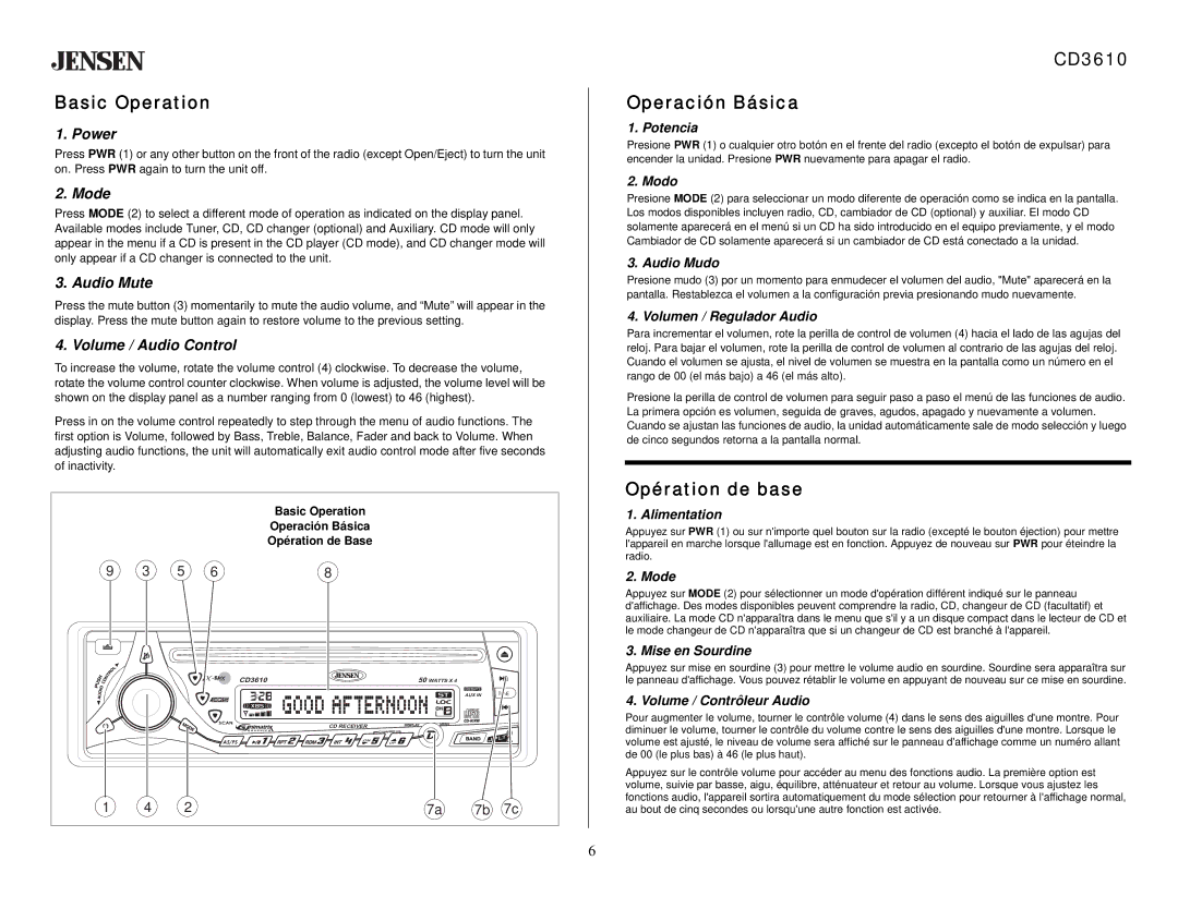 Audiovox CD 3610 owner manual Basic Operation, CD3610 Operación Básica, Opération de base 